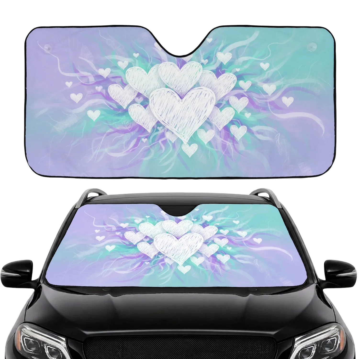 White Hearts Cluster Scattered Lavender Teal Aqua Purple Fields Car Decoration Gift Car Sunshade - 1