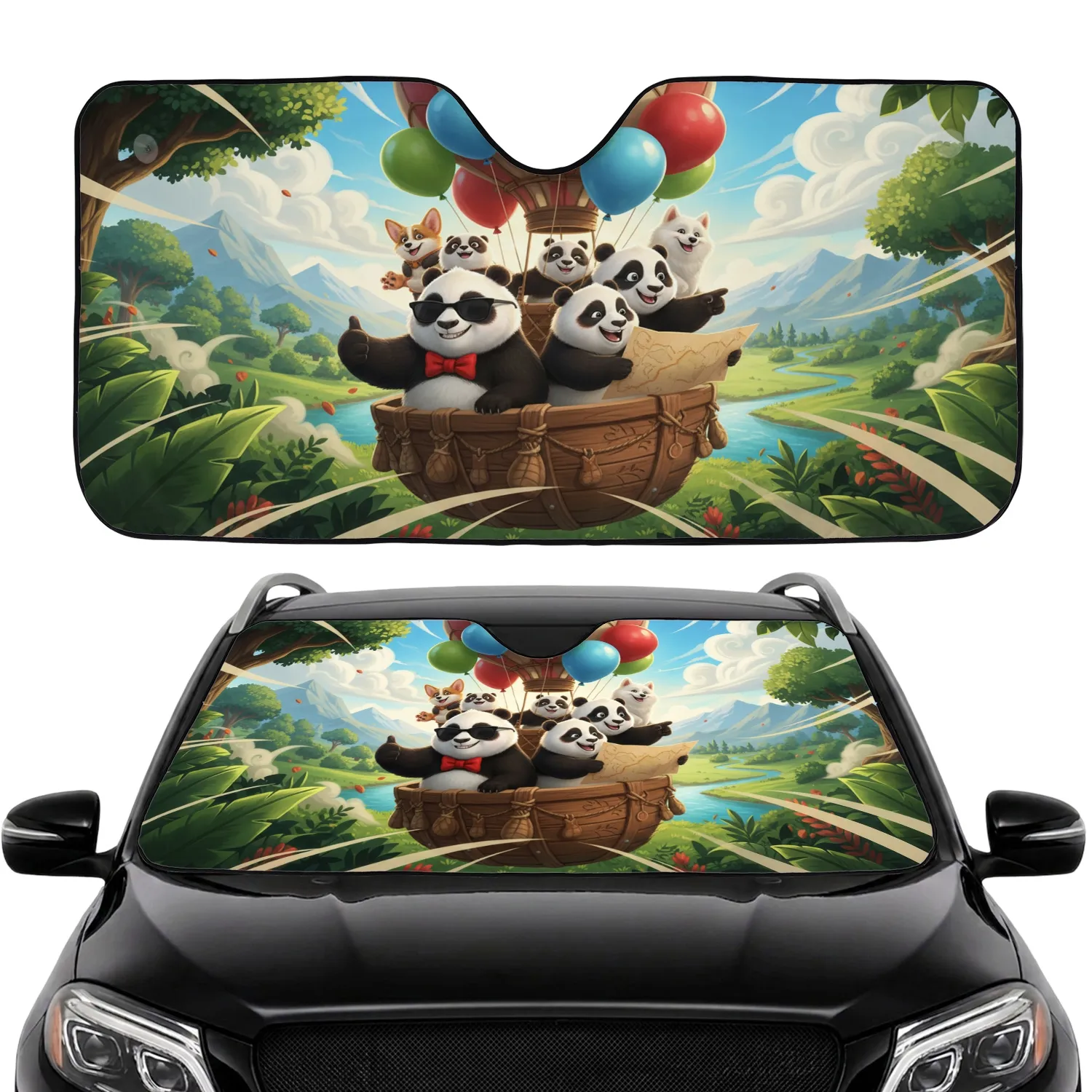 Panda Corgi Dog Adventure Balloons Lush Green Landscape - Road Trip Travel Essentials Car Sunshade - 1
