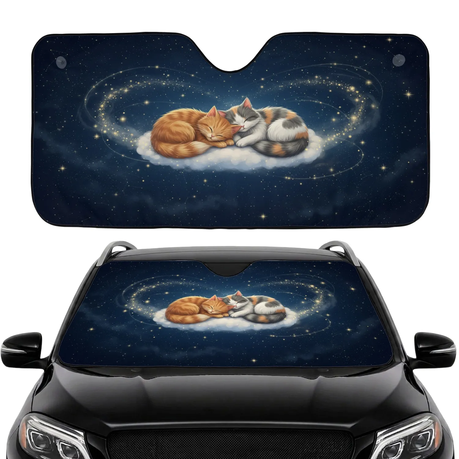 Three Cuddled Cats Cloud Starry Night Sky Constellations - Gift for Cat Lover Car Sunshade - 1