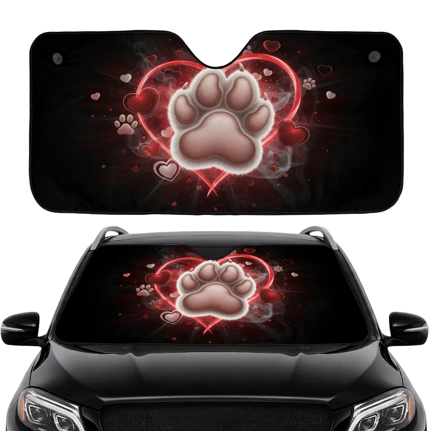 White Paw Print Glowing Red Heart - Pet Lover Everyday Gift Car Sunshade - 1