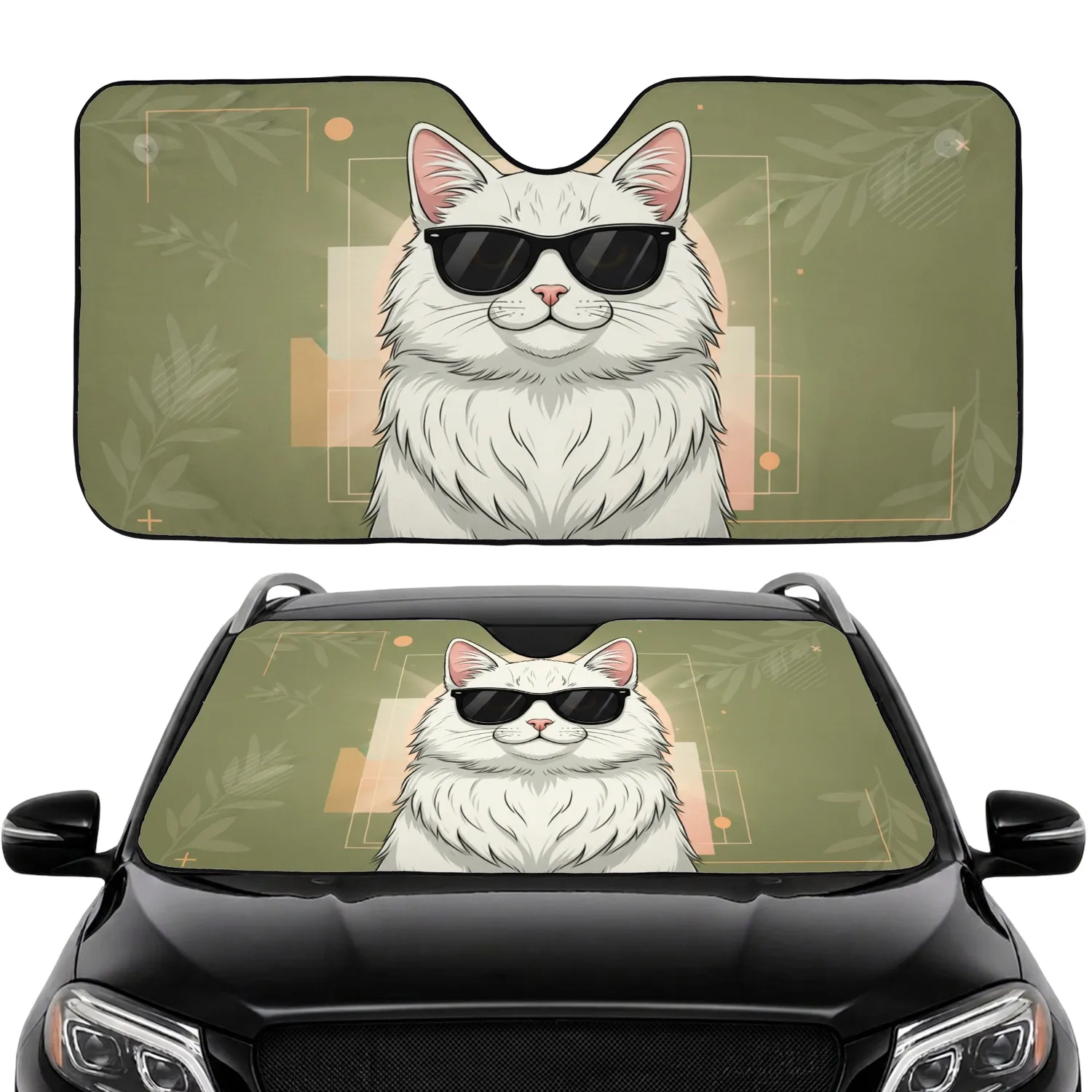 Fluffy White Cat Black Sunglasses Light Rays - Car Decor Gift for Cat Owners Car Sunshade - 1