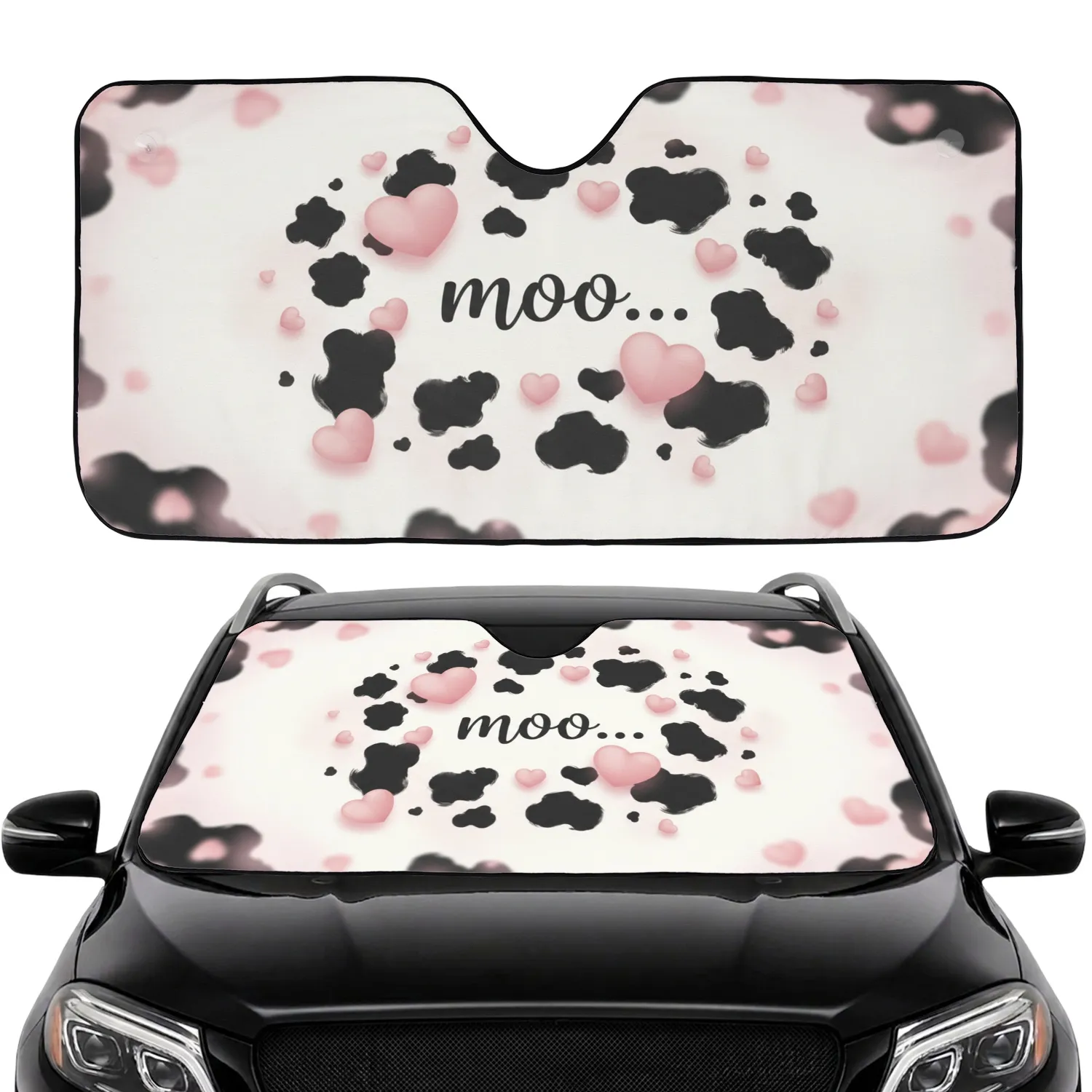 Charcoal Cowhide Spots Pink Hearts Moo - Farmhouse Decor Gift for Cow Lover Car Sunshade - 1