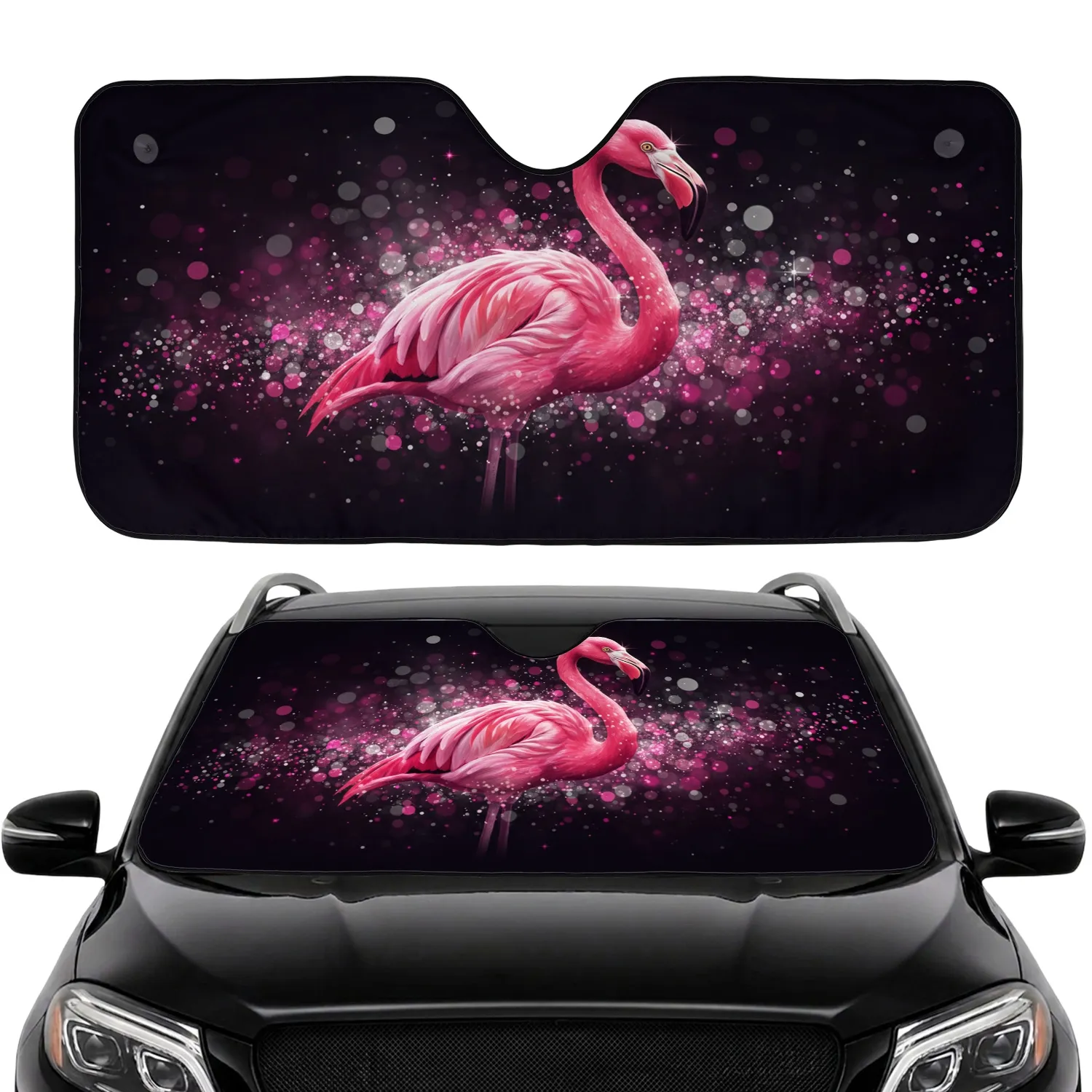 Pink Flamingo Sparkling Bokeh Deep Black - Everyday Essentials Wildlife Lover Gift Car Sunshade - 1