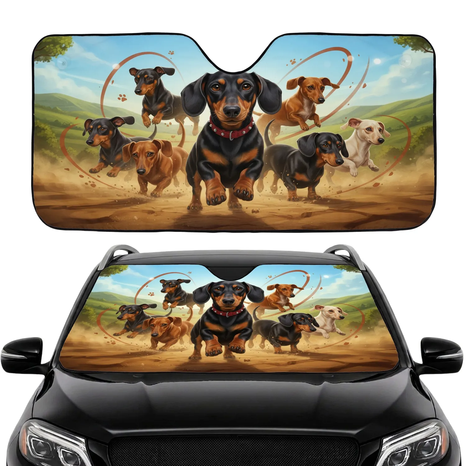 Prominent Black and Tan Dachshund Pack Rolling Hills Adventure - Dog Lover Gift Car Sunshade - 1