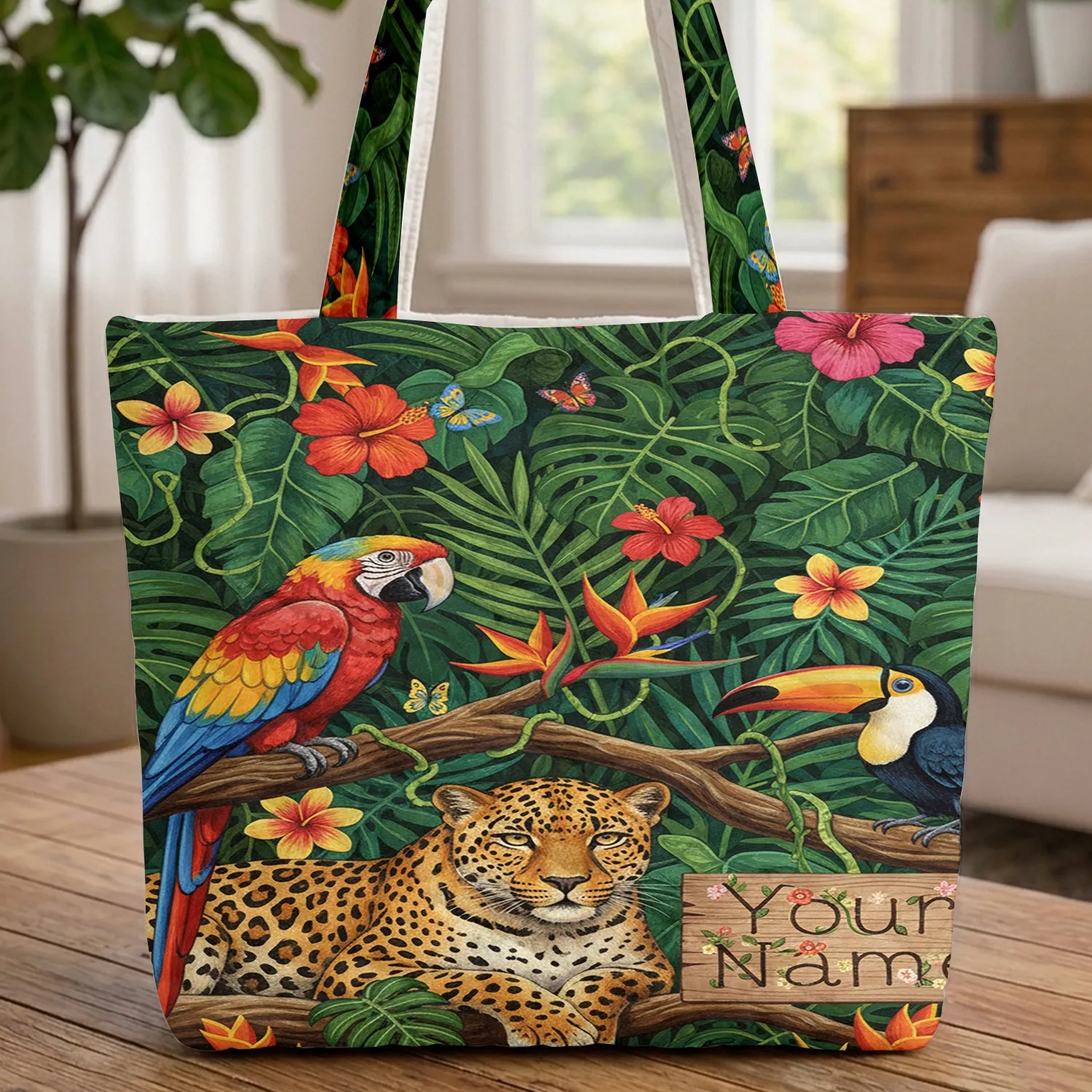 Jungle Animals Personalized Name Sign Tropical Foliage - Wildlife Lover Gift Quilted Tote Bag - 1