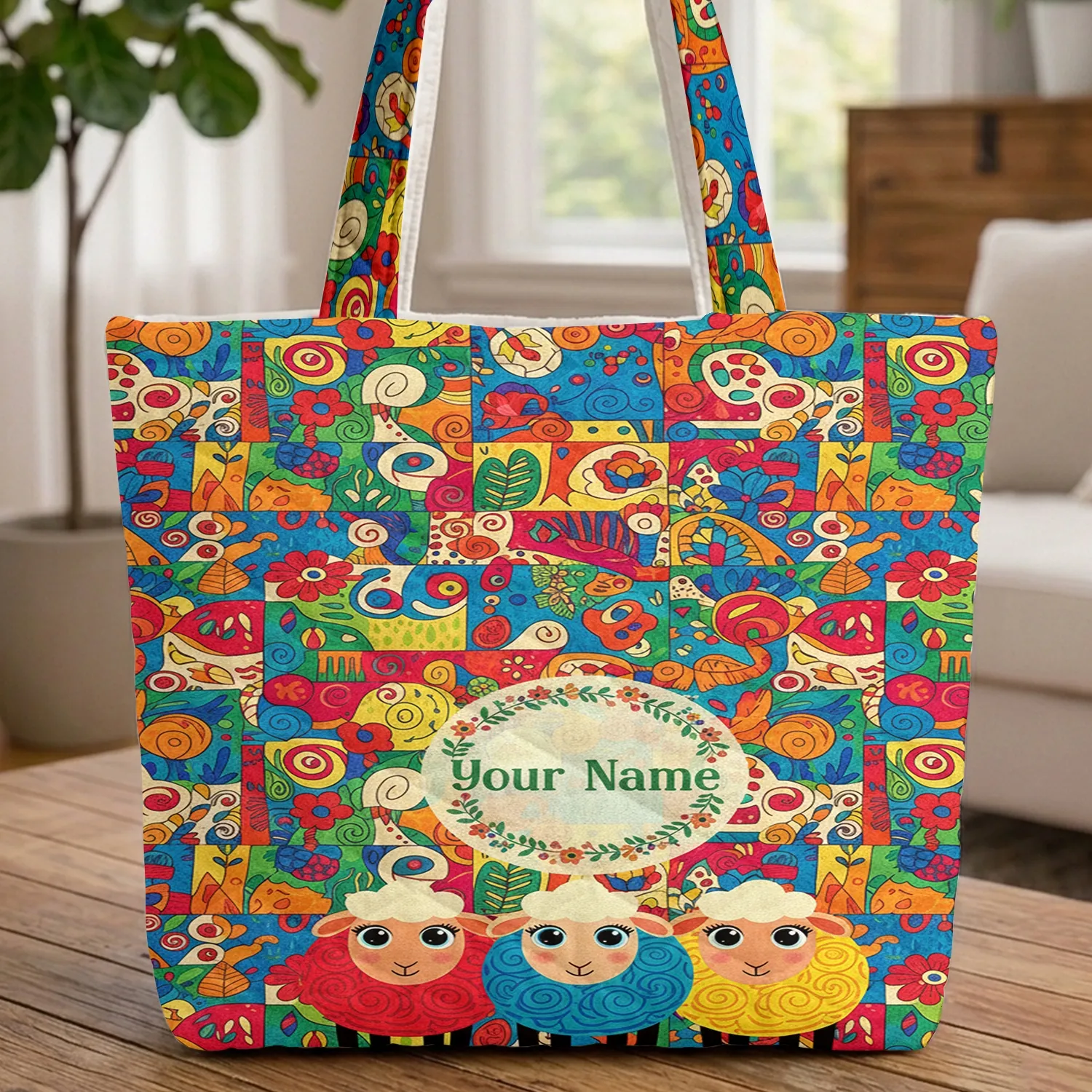 Three Fluffy Sheep Leaf Swirl Floral Wreath - Everyday Tote Gift for Wildlife Lovers Quilted Tote Bag - 1