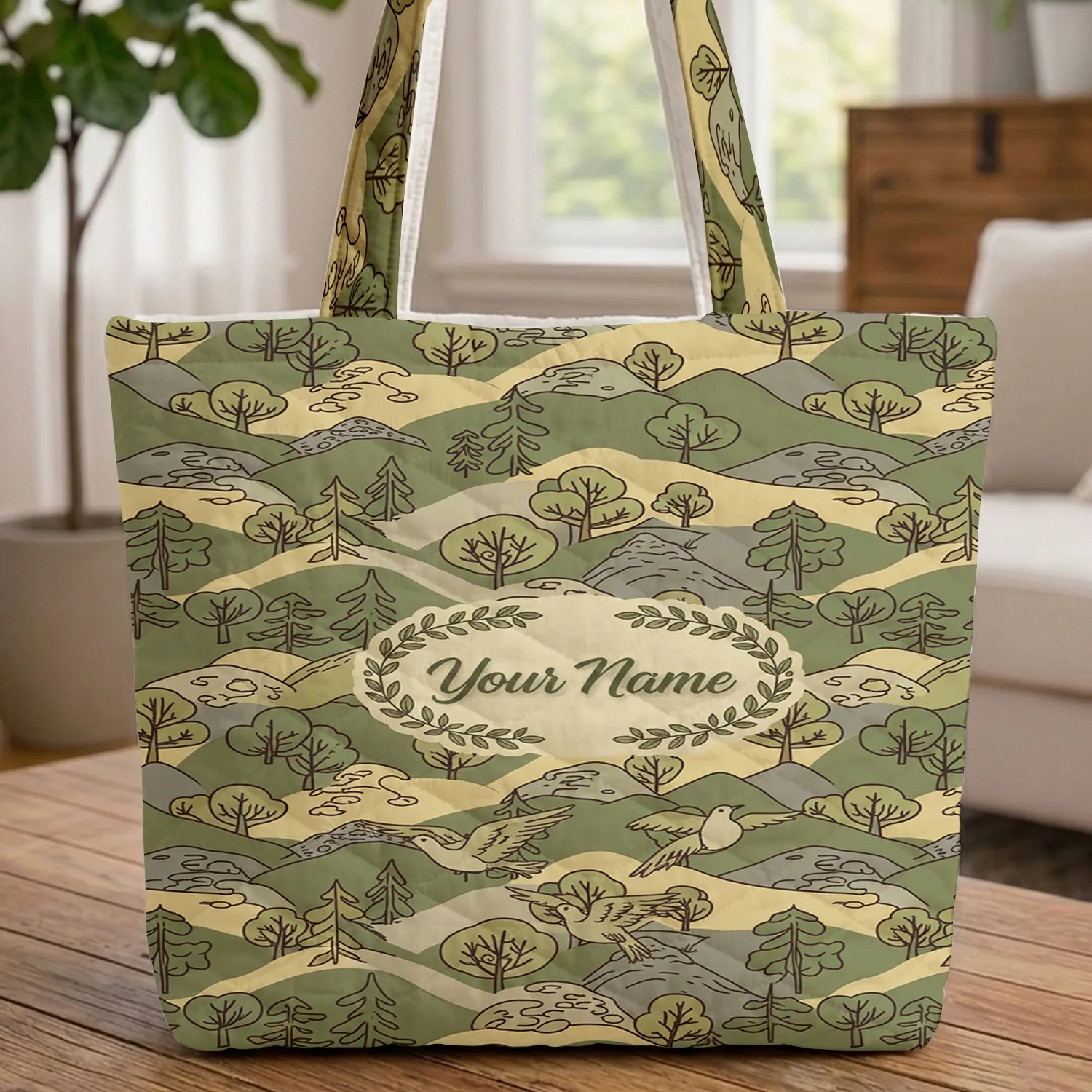 Japanese Birds Layered Mountain Landscape Personalized Name - Wildlife Lover Gift Quilted Tote Bag - 1