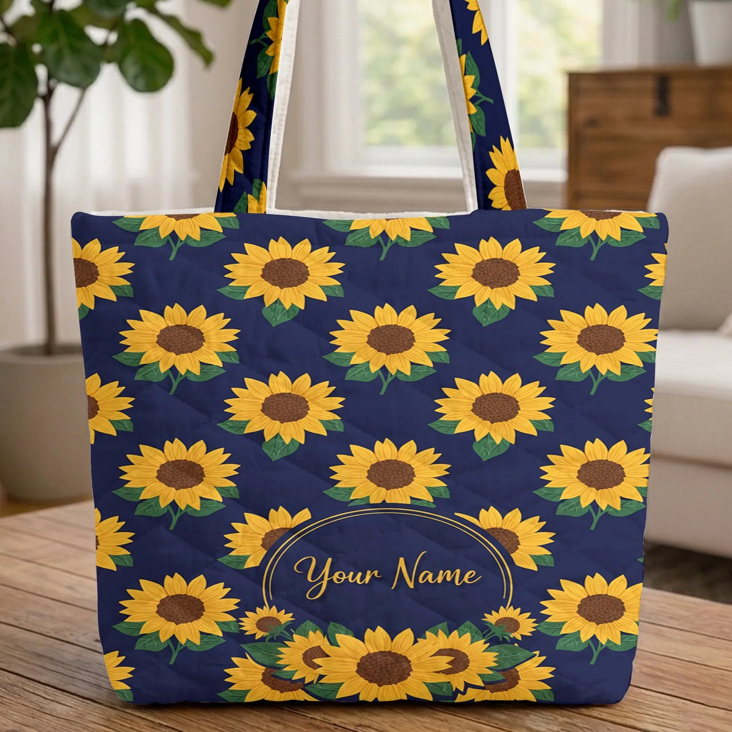 Vibrant Yellow Sunflowers Floral Wreath Personalized Name - Custom Botanical Everyday Carry Gift Quilted Tote Bag - 1