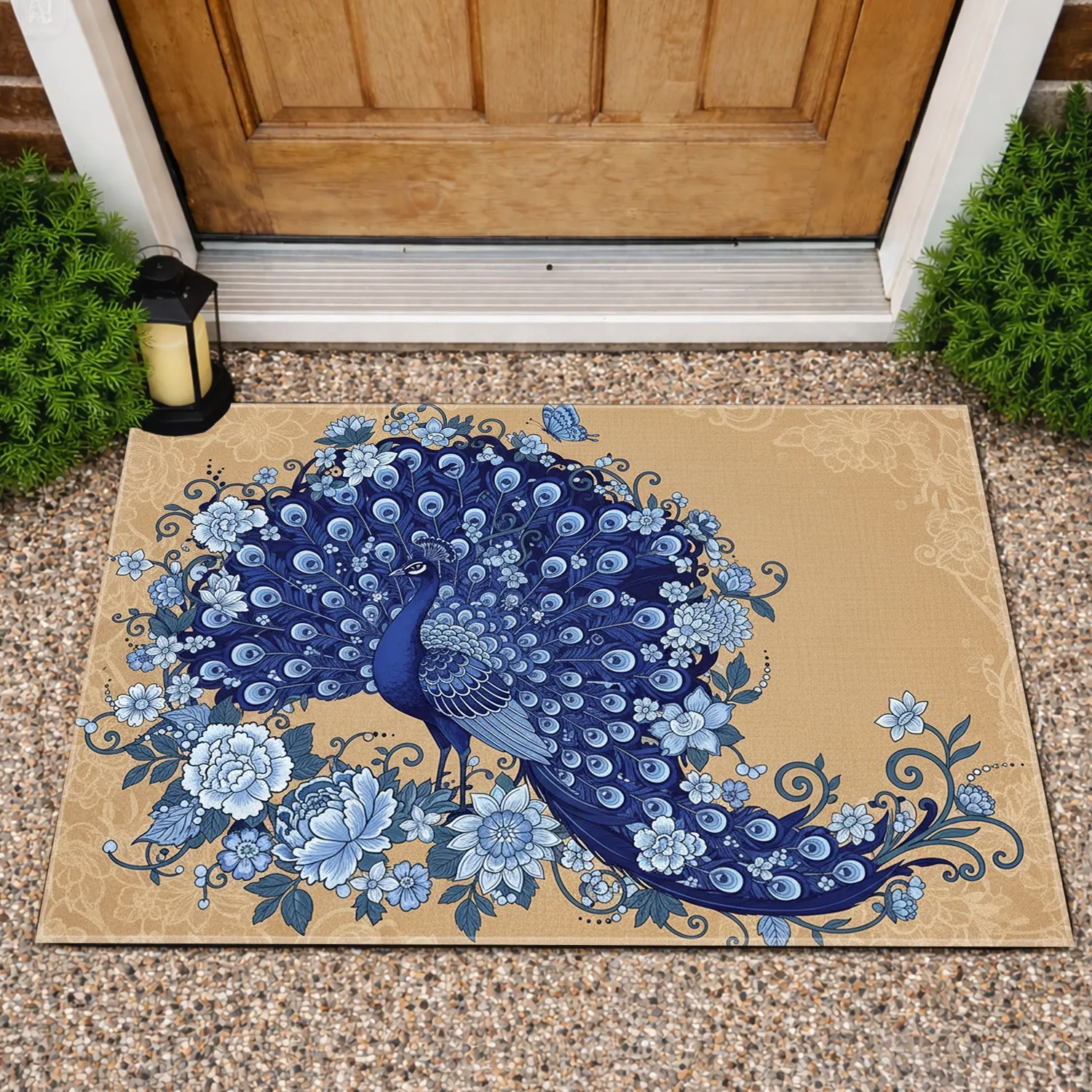 Peacock Floral Butterfly Chinoiserie Botanical Home Decor Gift for Wildlife Lover Doormat - 1
