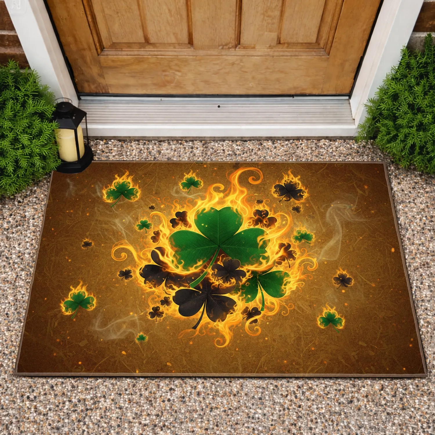 Four-Leaf Clovers Fiery Flames Earthy Field Smoke - Good Fortune Outdoor Decor Gift Doormat - 1