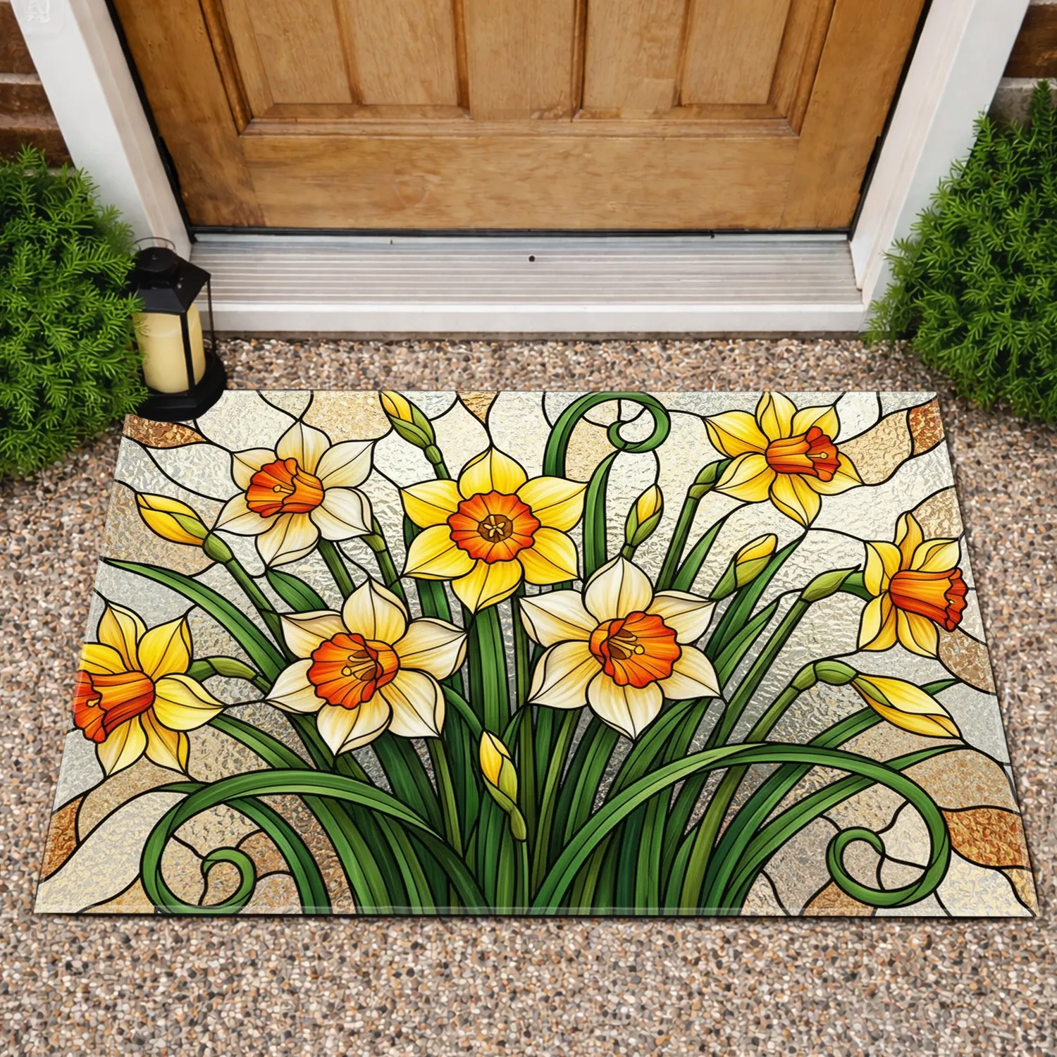 Daffodil Cluster Leaded Stained Glass Home Garden Decor Gift Doormat - 1