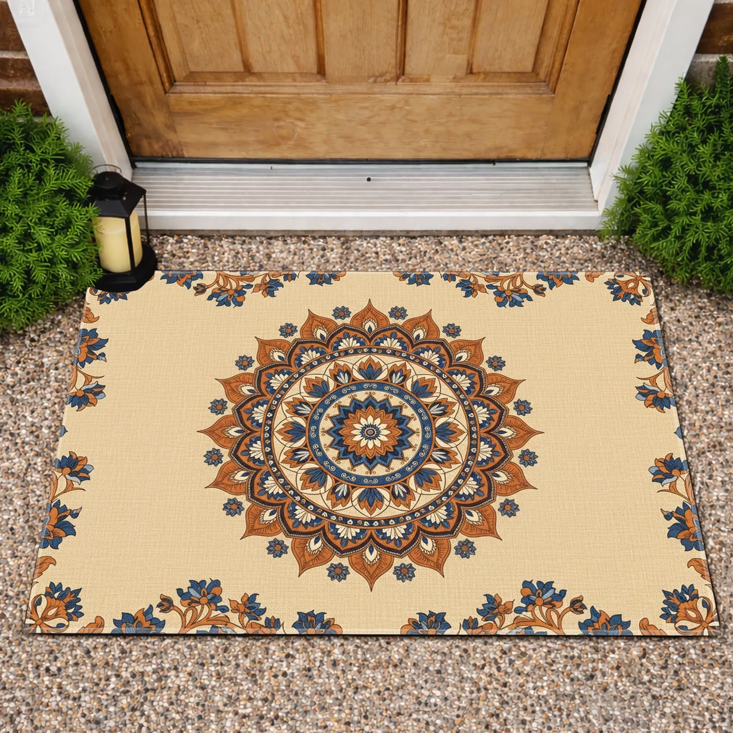 Mandala Lotus Floral Vines Blue Flowers Orange Blossoms Boho - Outdoor Home Decor Gift Doormat - 1