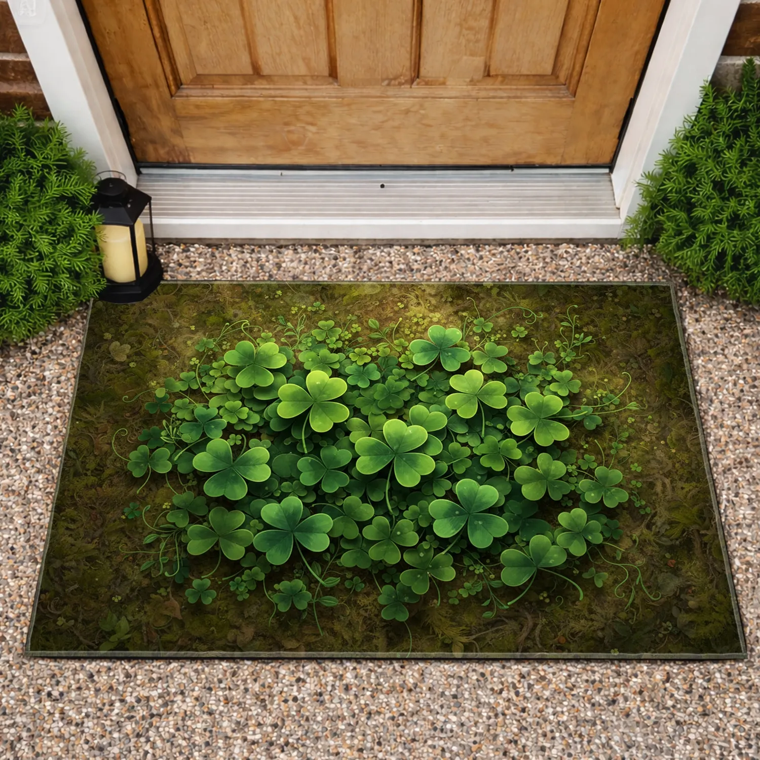 Natural Green Shamrocks Four-Leaf Clovers Emerald Foliage Earthy Moss Soil - Home Decor Gift Doormat - 1