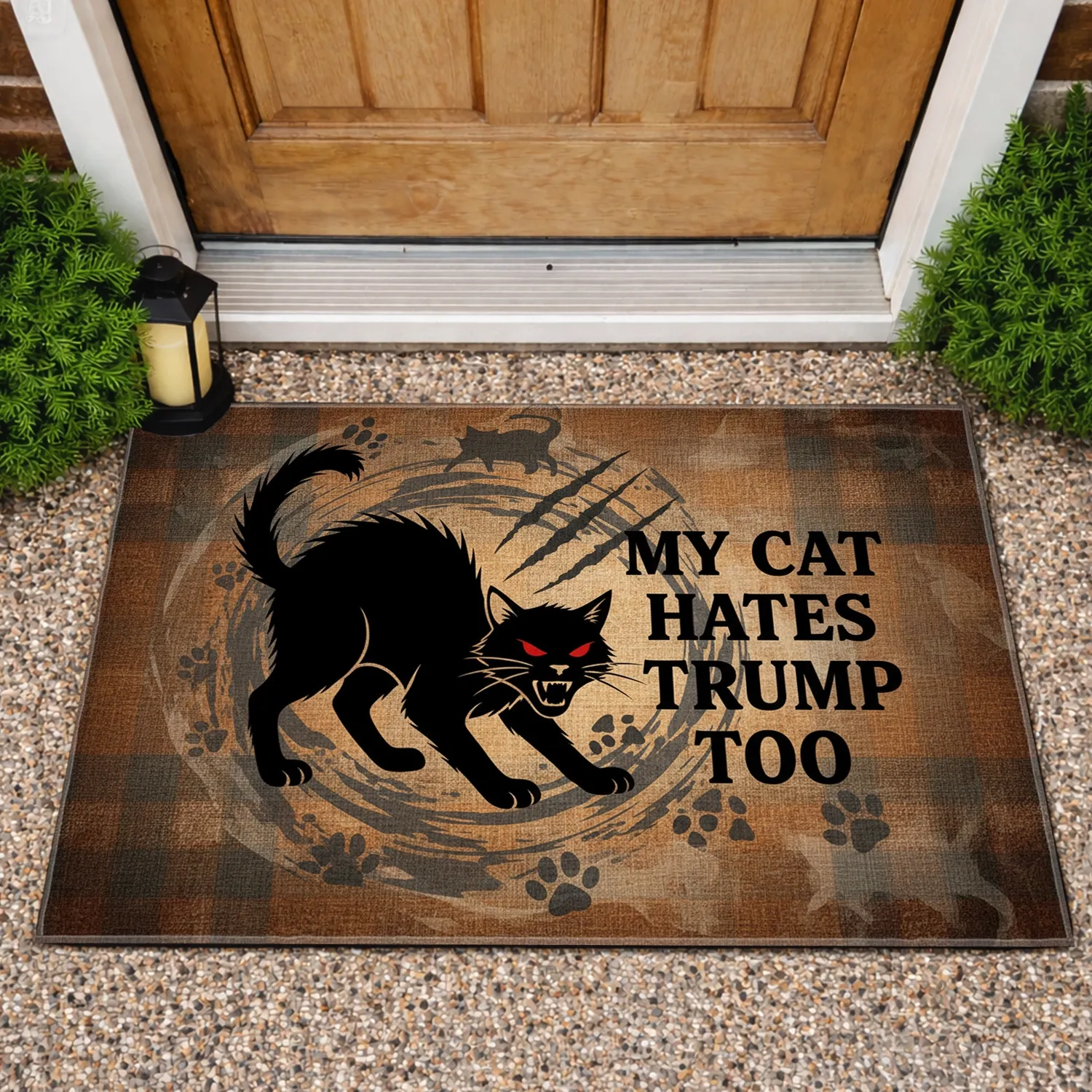 Black Cat Hates Trump Text - Political Statement Decor for Cat Lover Doormat - 1