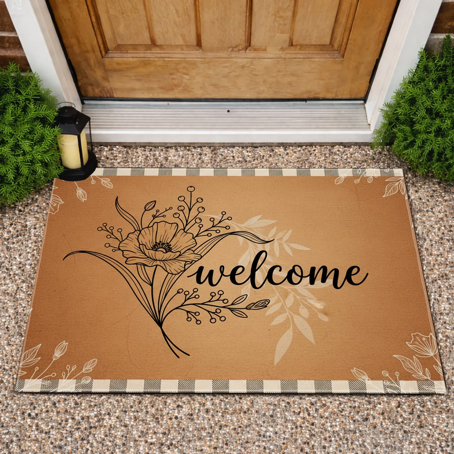 Poppy Welcome Botanical Buffalo Check - Everyday Home Decor Gift Doormat - 1