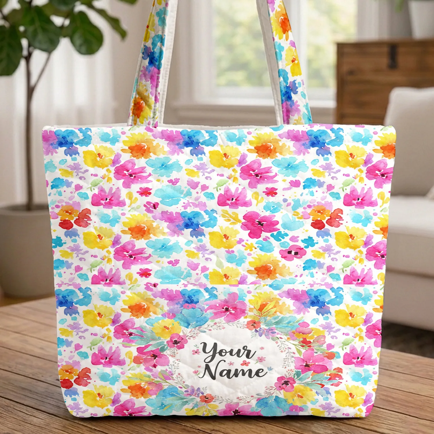 Abstract Watercolor Floral Bouquet Wreath Paint Splatters - Everyday Travel Lifestyle Gift Quilted Tote Bag - 1