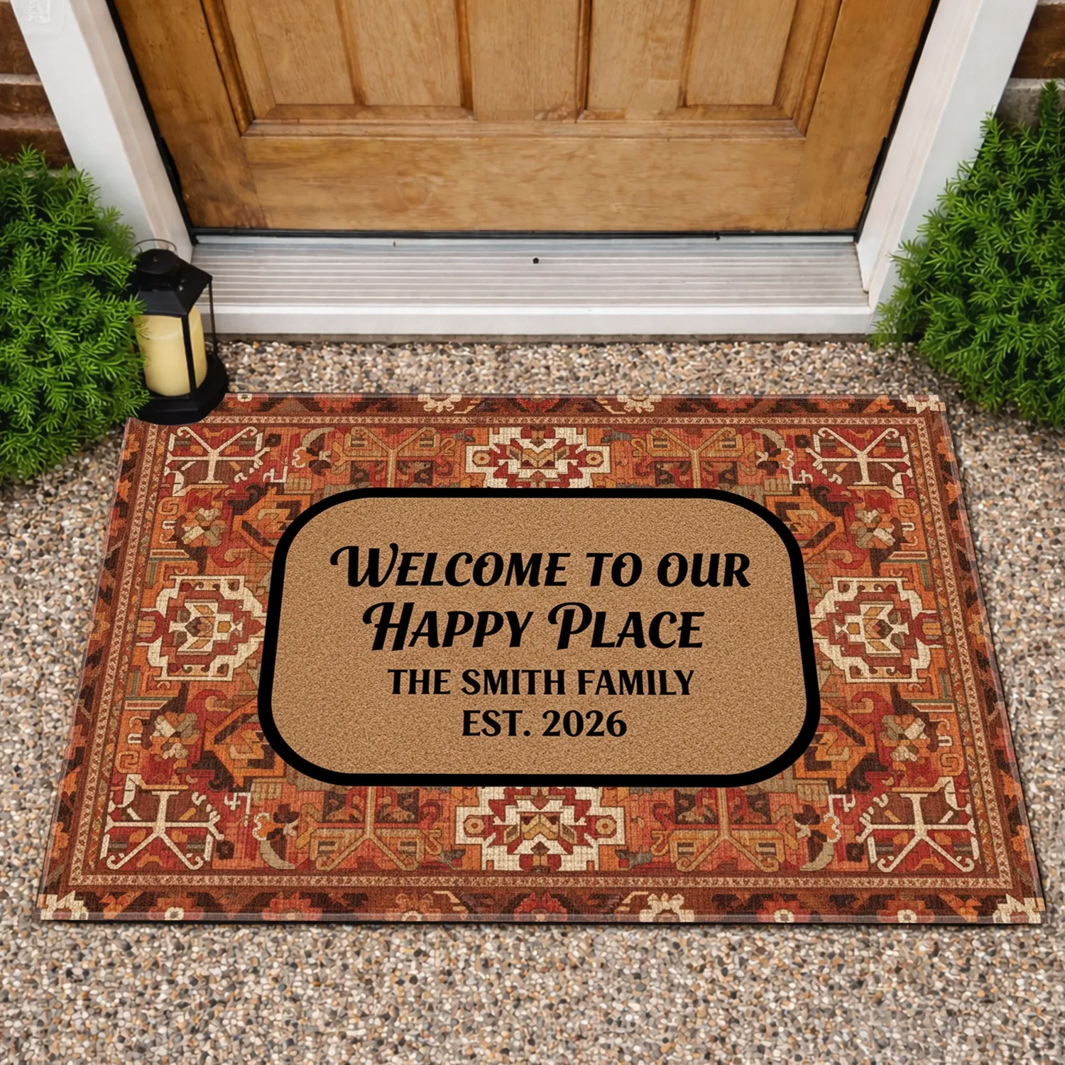 Southwestern Persian Rug Welcome Happy Place Family Custom Family Name and Year - Housewarming Home Gift Doormat - 1