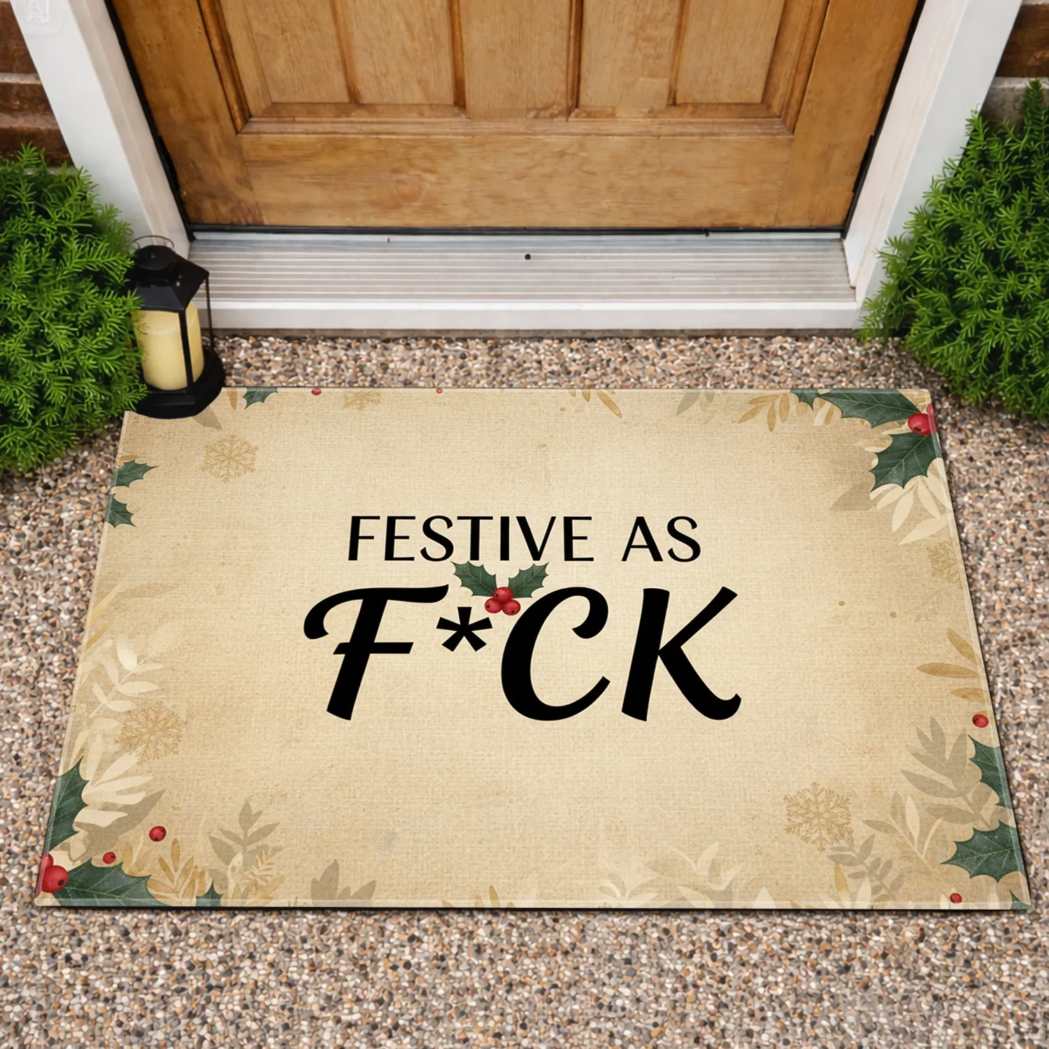F*CK FESTIVE AS Holly Berries Snowflakes - Christmas Holiday Gift Doormat - 1