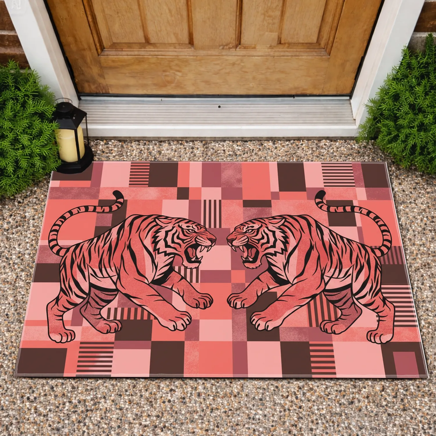 Two Roaring Snarling Tigers Facing Duality Plaid - Wildlife Home Decor Display Gift Doormat - 1