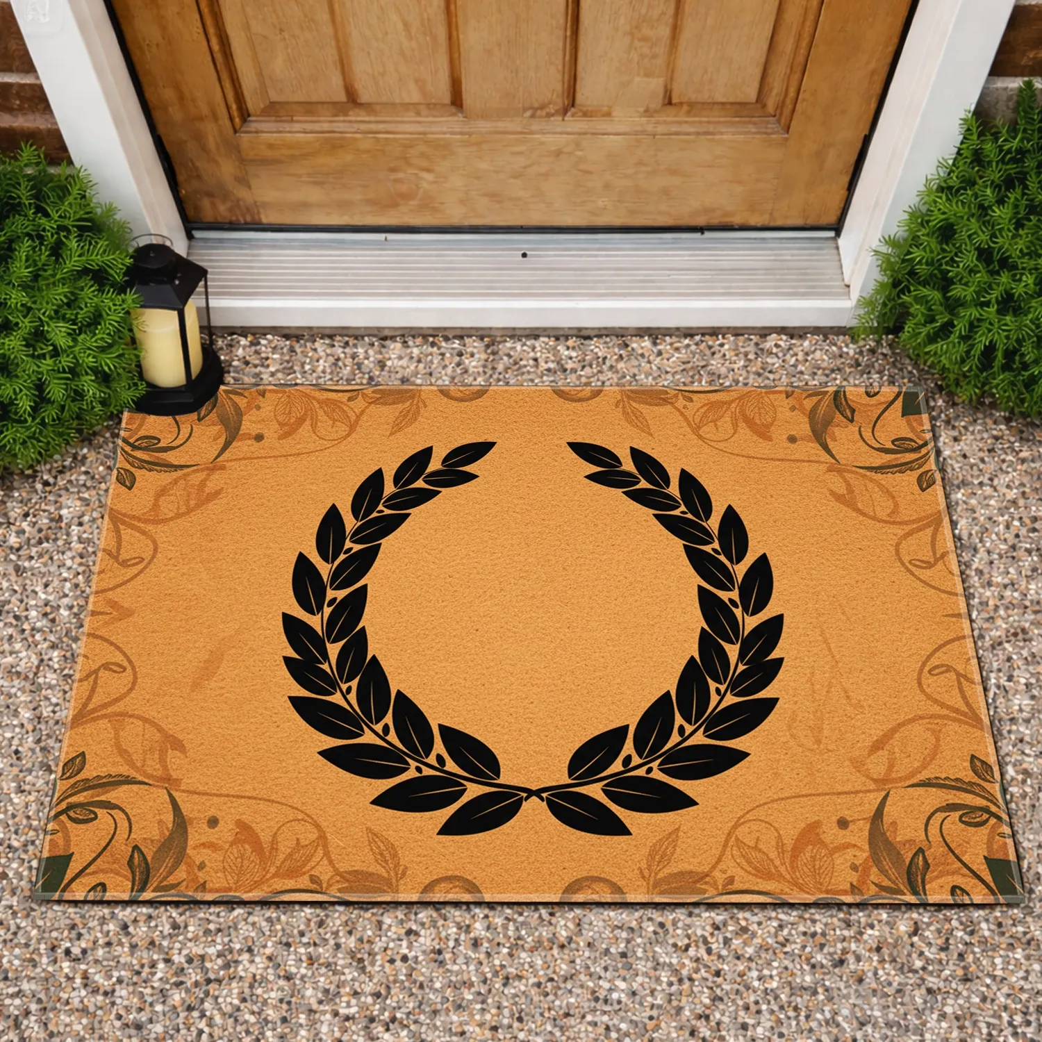 Black Laurel Wreath Organic Botanical Earthy Ochre Orange Field - Everyday Home Decor Gift Doormat - 1