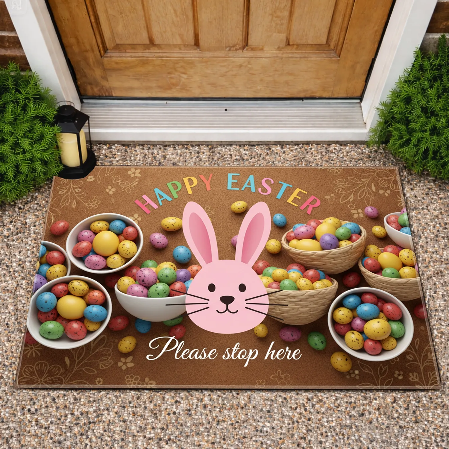 Pink Easter Bunny Happy Easter Please Stop Here Eggs Floral Field - Easter Holiday Decor Doormat - 1