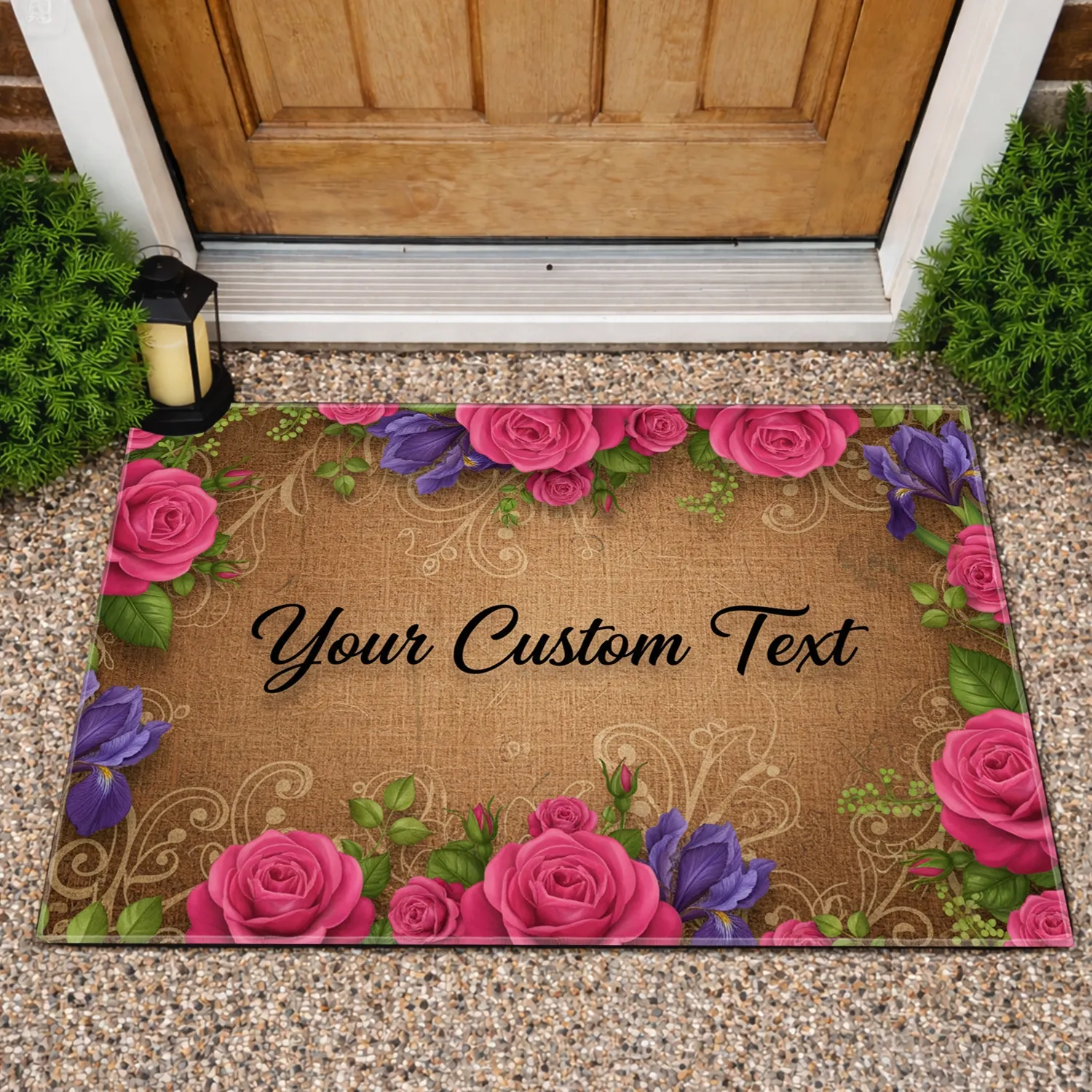 Custom Text Pink Roses Purple Irises Green Foliage Natural Fiber Background - Garden Decor Gift Doormat - 1