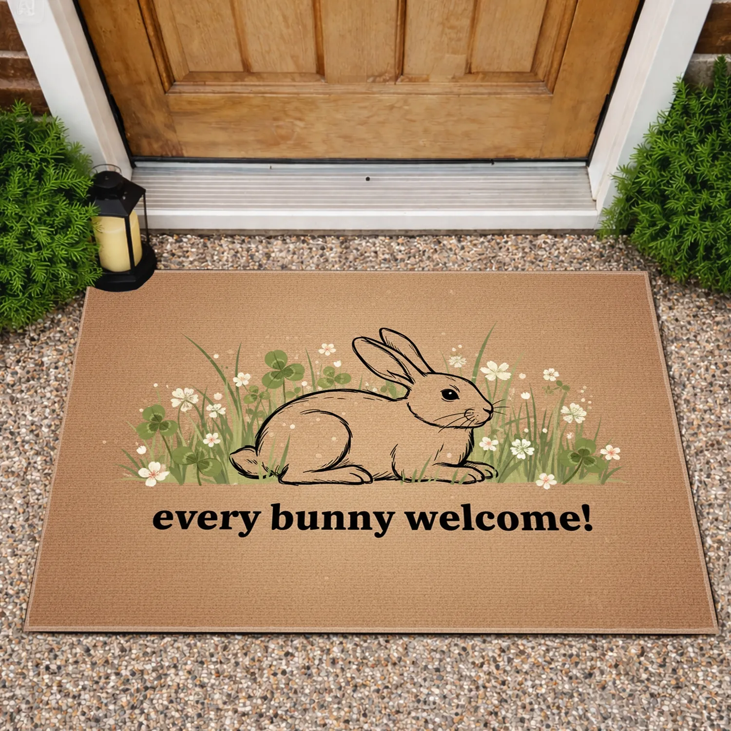 Black Outline Bunny Spring Flowers Welcome Text - Everyday Home Decor Gift Doormat - 1