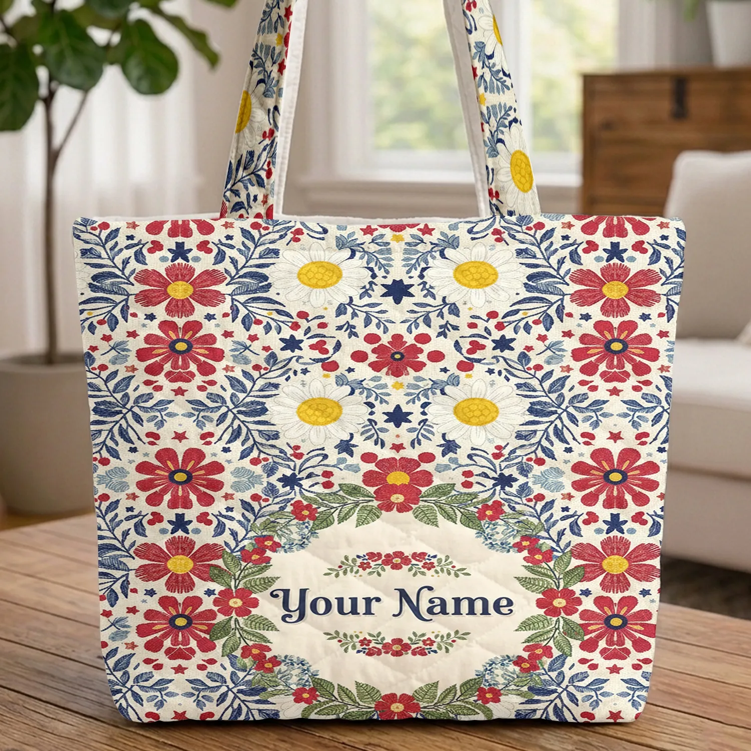 Folk Art Daisy Blossom Botanical Wreath Red Berry Blue Sprig Stars - Boho Lifestyle Gift Quilted Tote Bag - 1