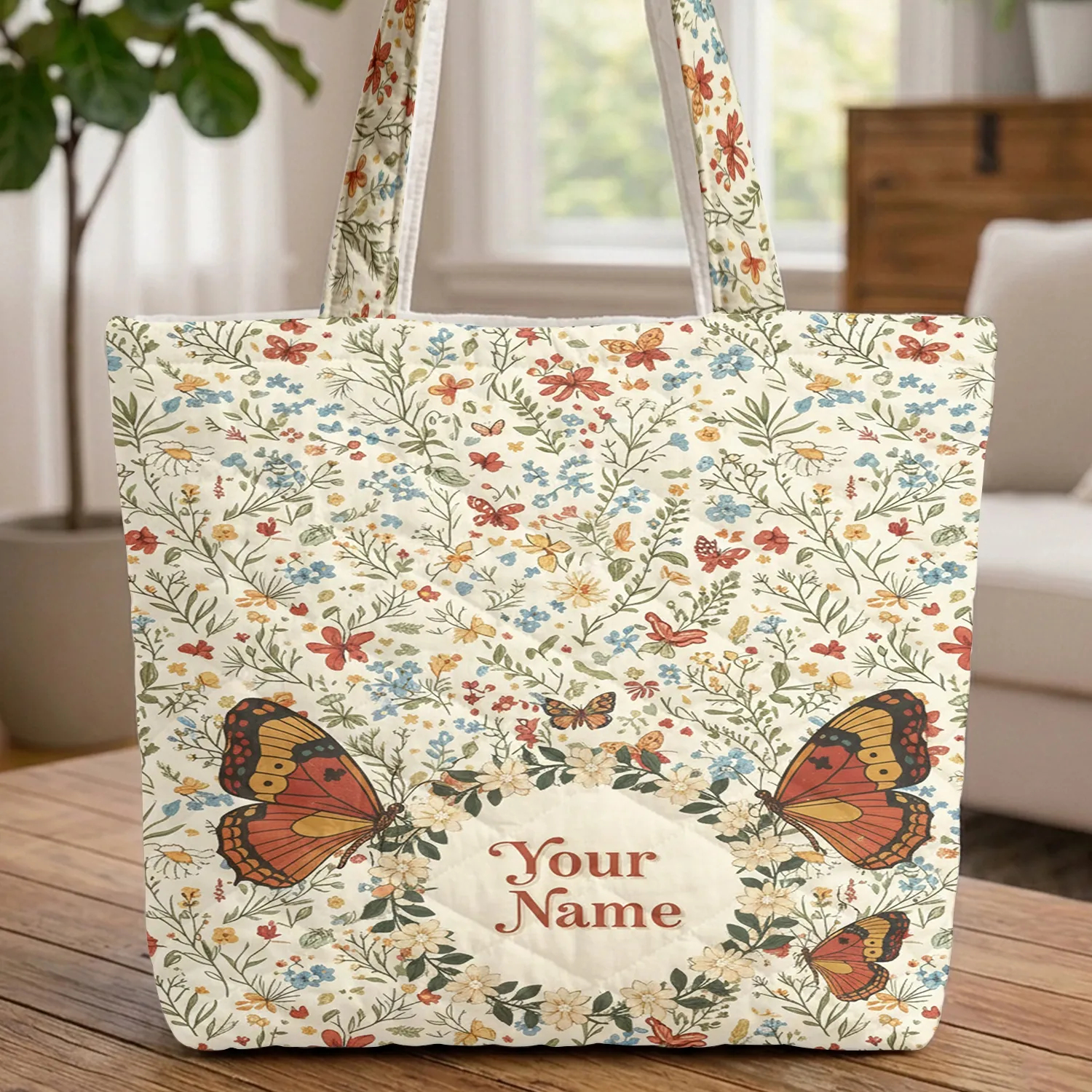Ornate Butterflies Floral Wreath Wildflowers - Nature Lover Everyday Gift for Her Quilted Tote Bag - 1