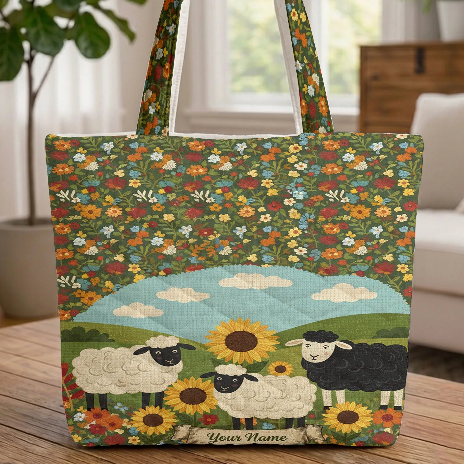 Personalized Sheep Sunflowers Wildflowers Green Hills - Farmhouse Home Decor Gift Quilted Tote Bag - 1