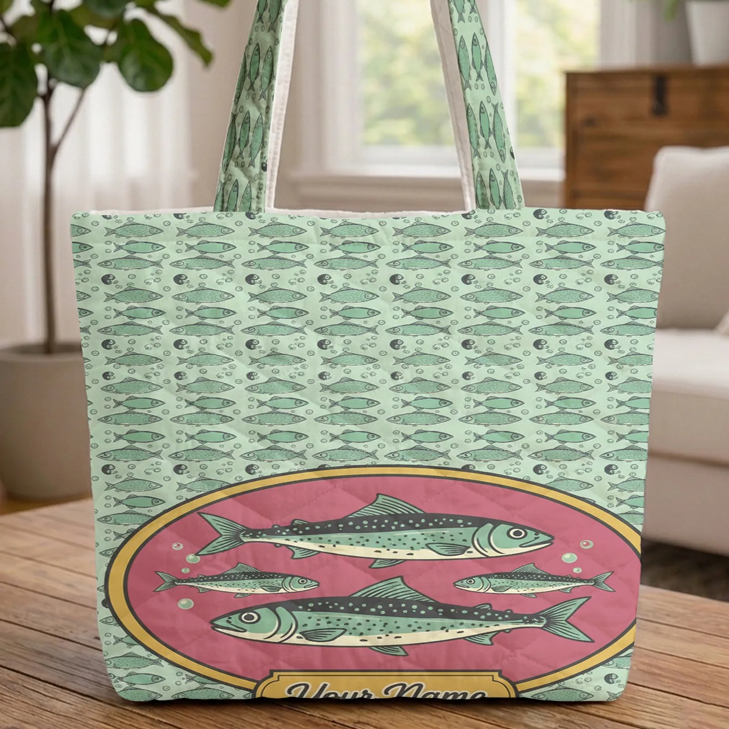 Personalized Vintage Sardine Can Label Fish Bubbles - Food Lover Gift Quilted Tote Bag - 1