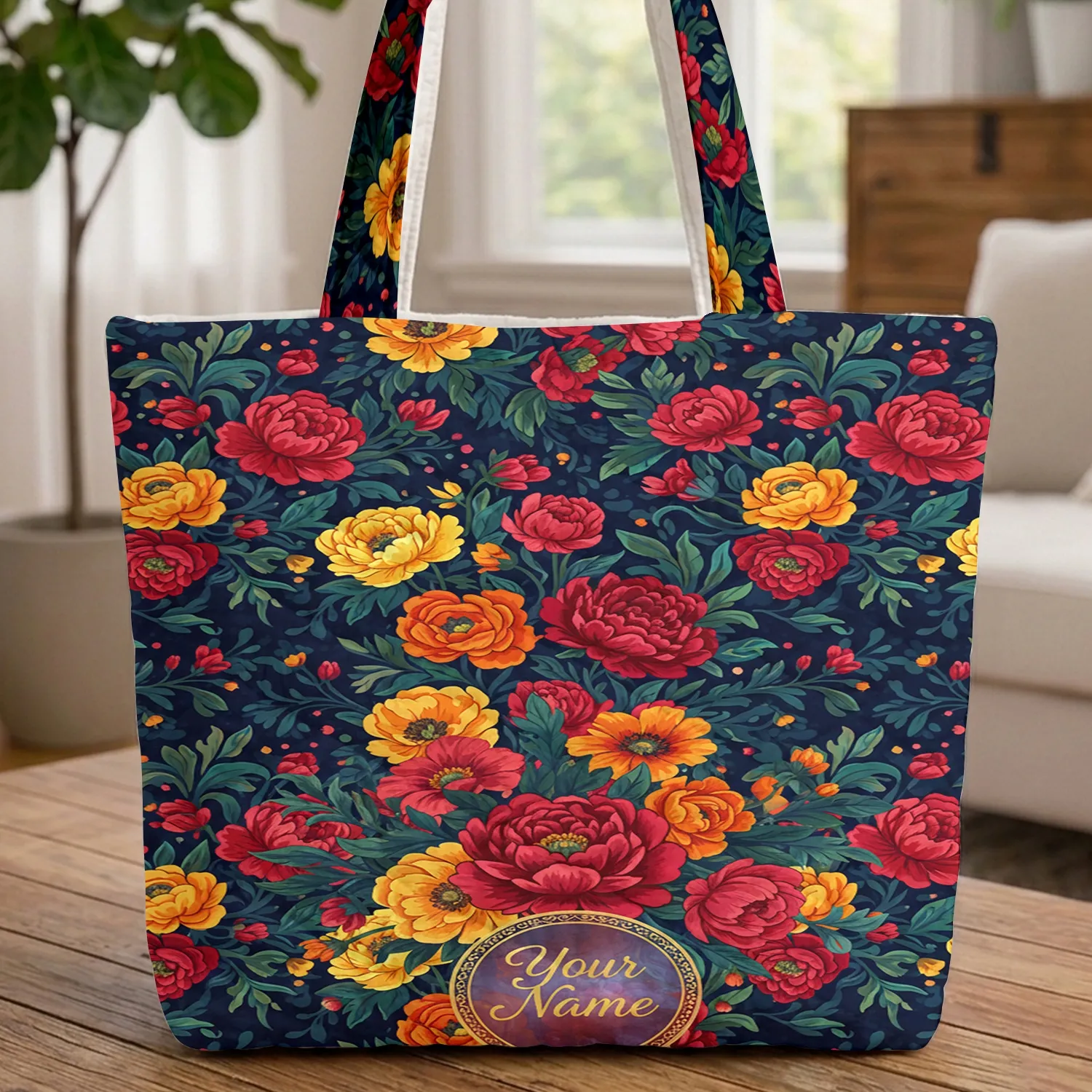 Botanical Peony Ranunculus Poppies Gilded Name Circle - Personalized Gift for Flower Lovers Quilted Tote Bag - 1