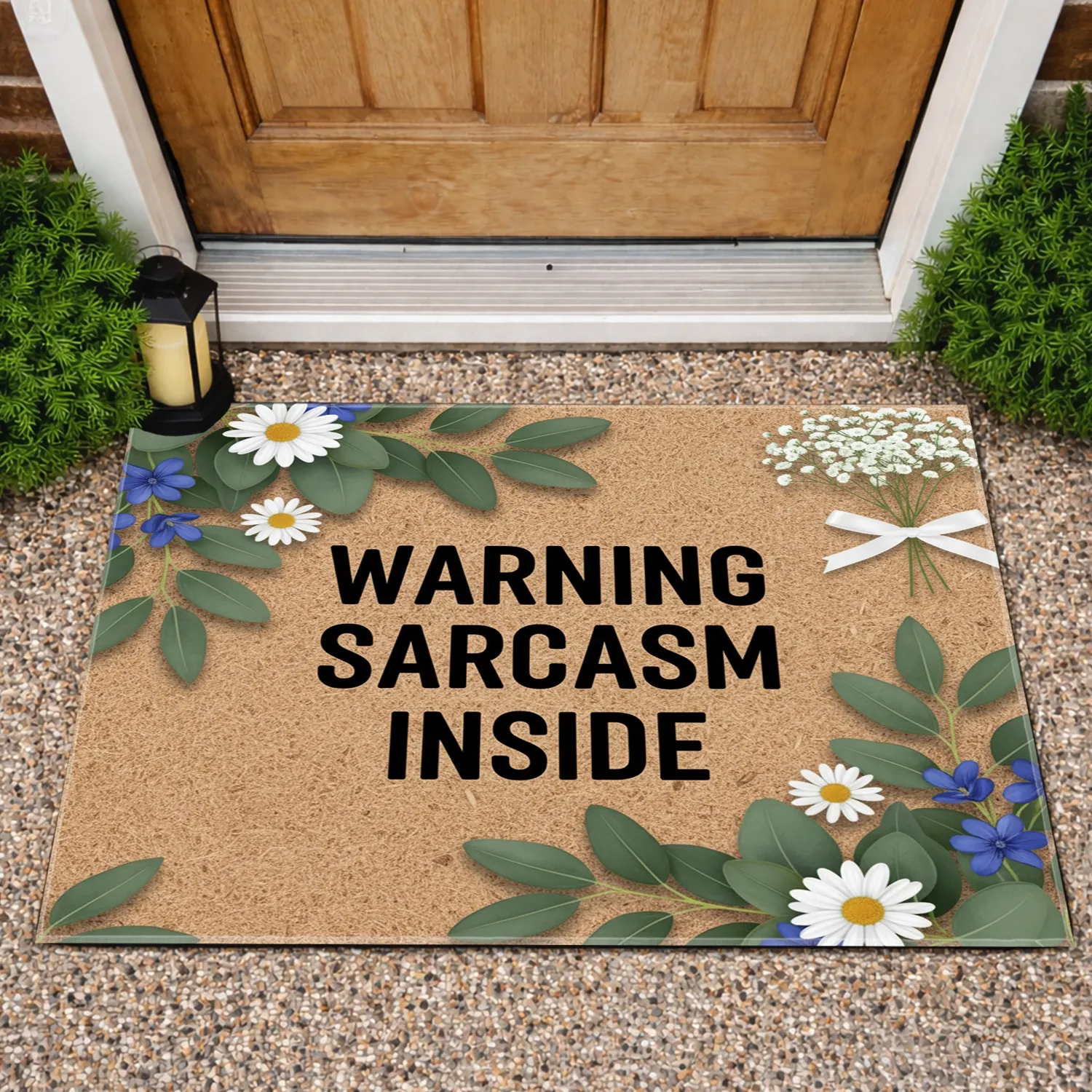 Warning Sarcasm Inside Eucalyptus Daisy Baby's Breath - Natural Home Decor Gift Doormat - 1