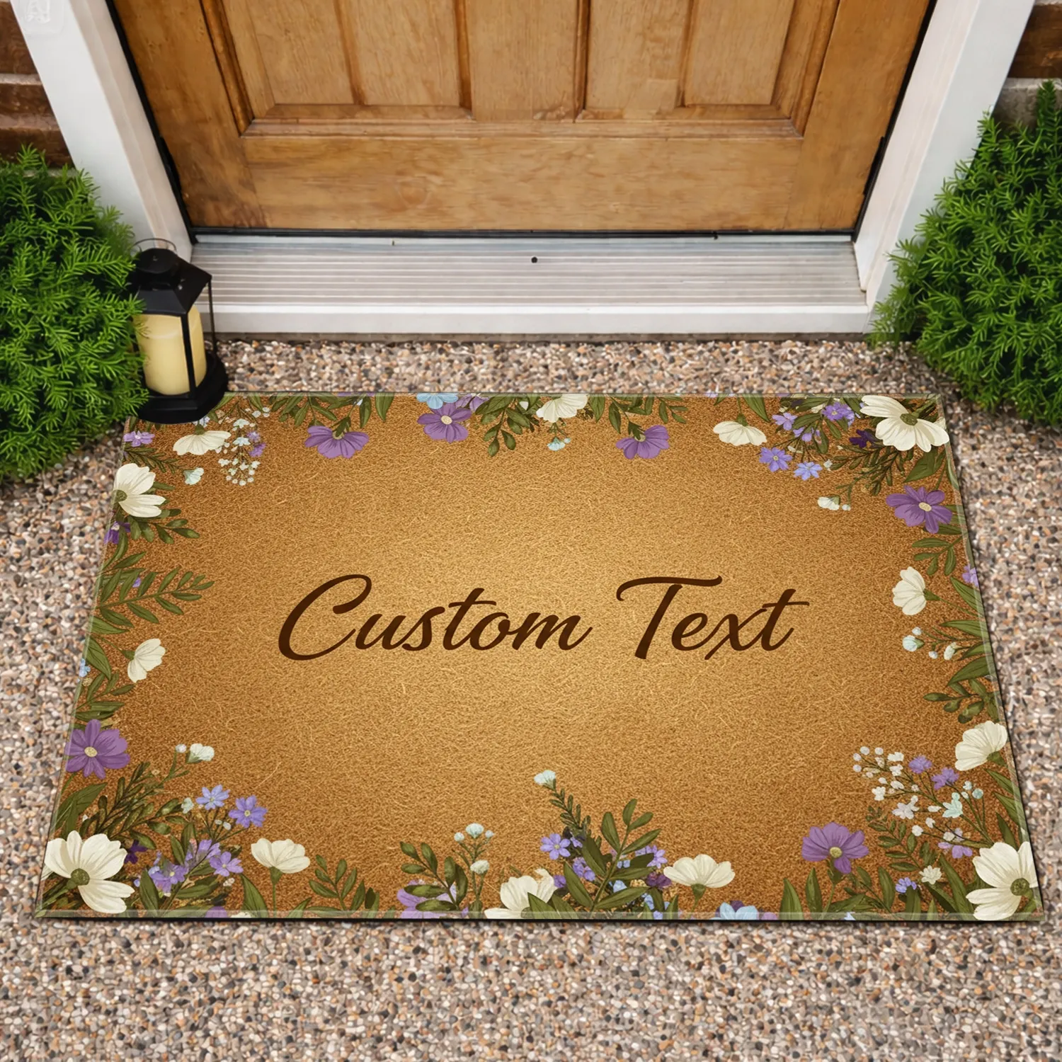 Custom Text Wildflower Foliage Golden-Brown Coir Texture Farmhouse Home Decor Doormat - 1