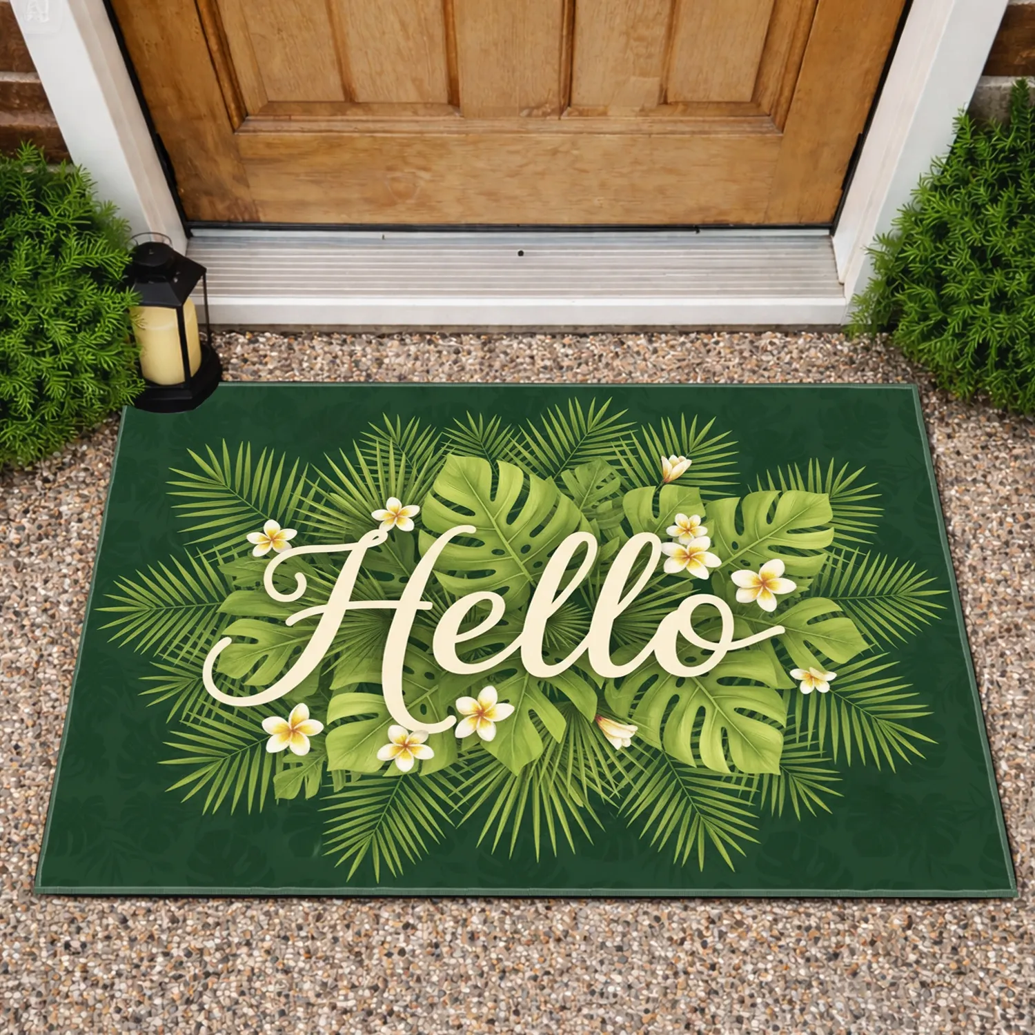 Hello Dense Tropical Jungle Monstera Palm Plumeria Leaves - Welcome Home Decor Gift Doormat - 1