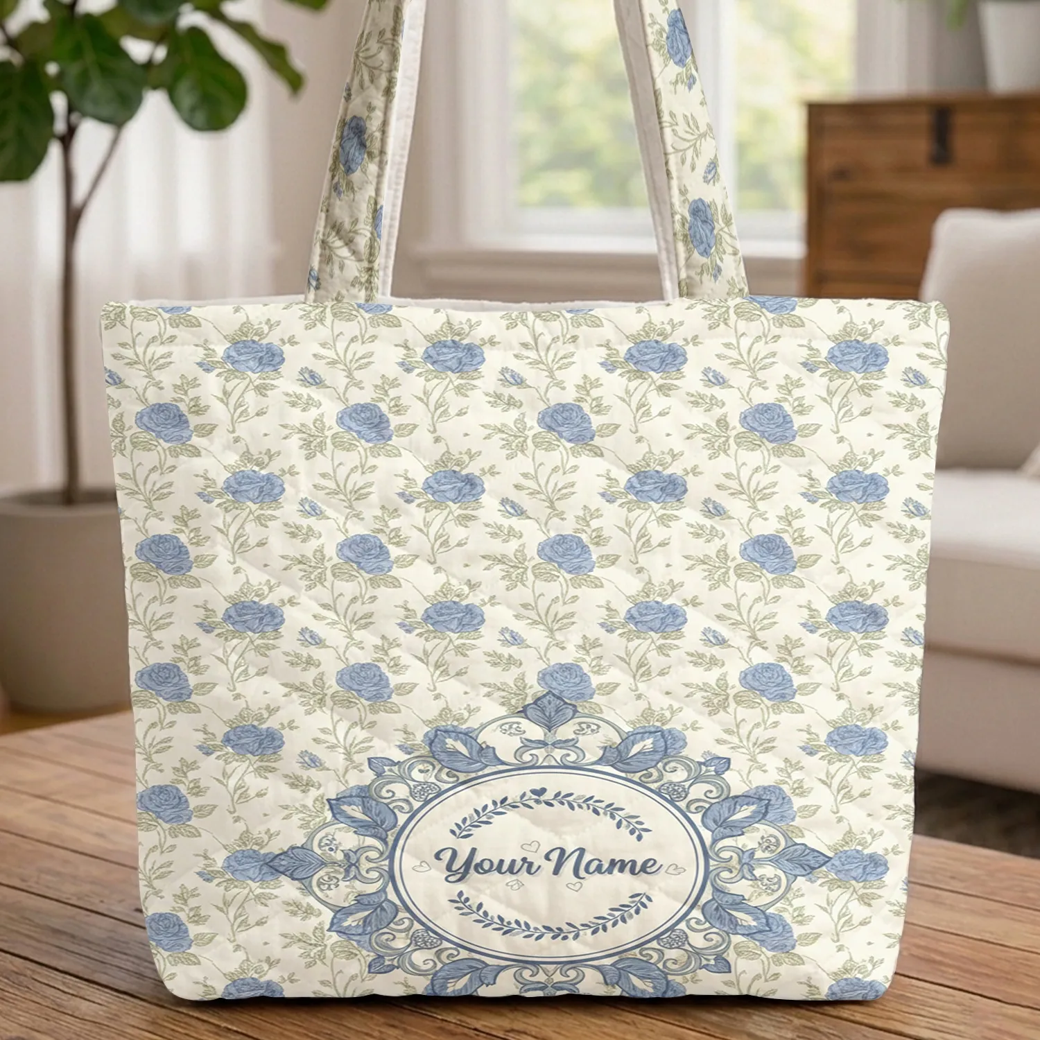Roses Vines Floral Wreath Personalized Name Botanical Medallion - Everyday Home Decor Gift Quilted Tote Bag - 1