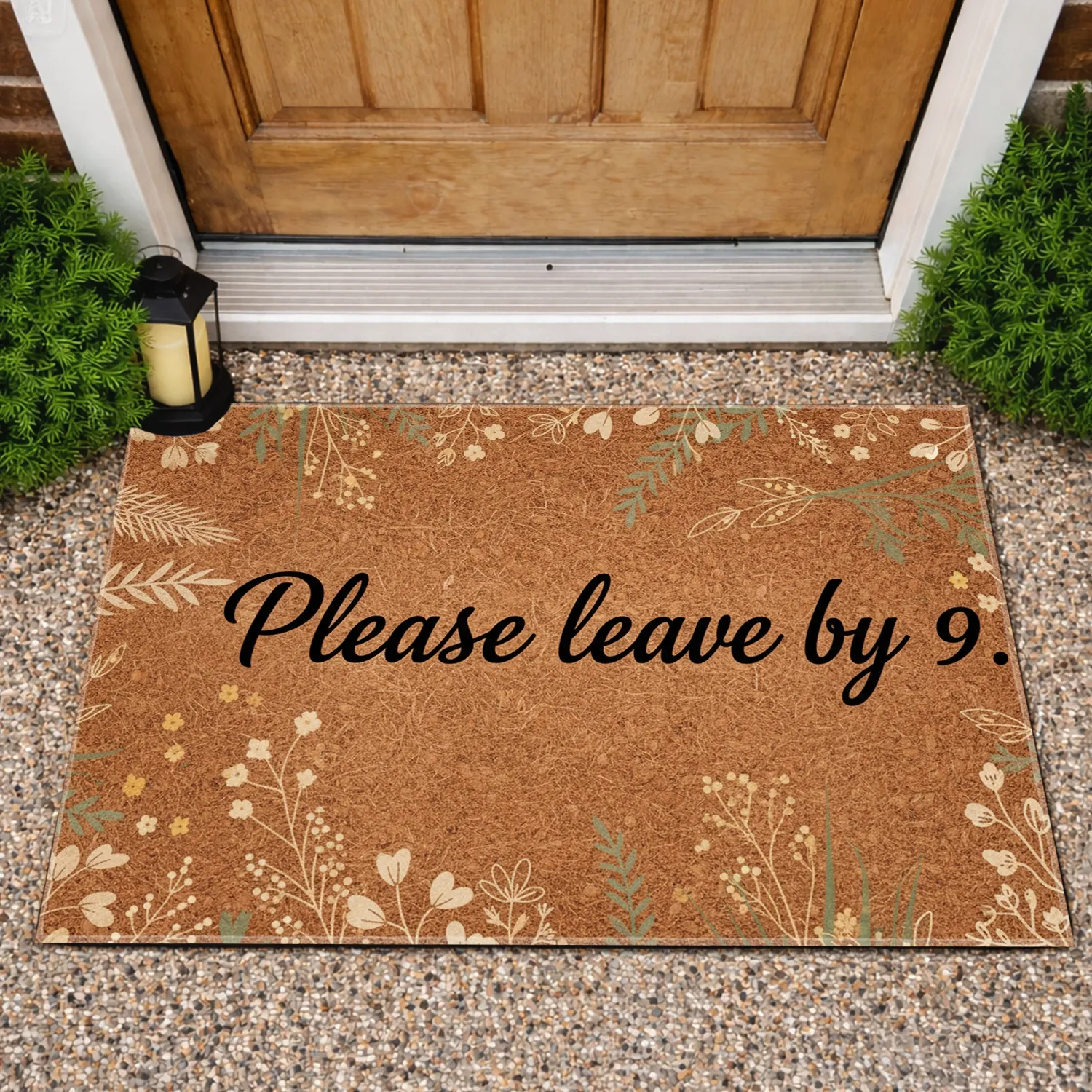 Please Leave By 9 Text Botanical Foliage - Home Guest Rustic Decor Gift Doormat - 1