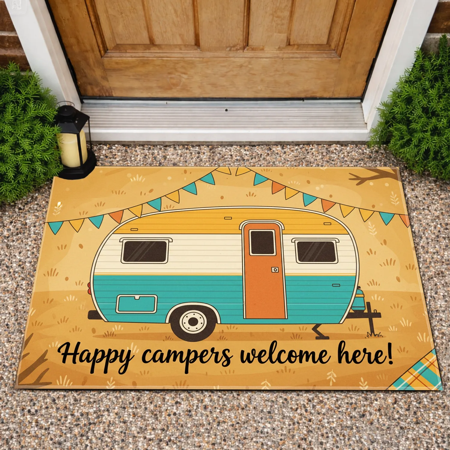 Retro Travel Trailer Bunting Flags - Happy Campers Welcome Home Decor Gift Doormat - 1