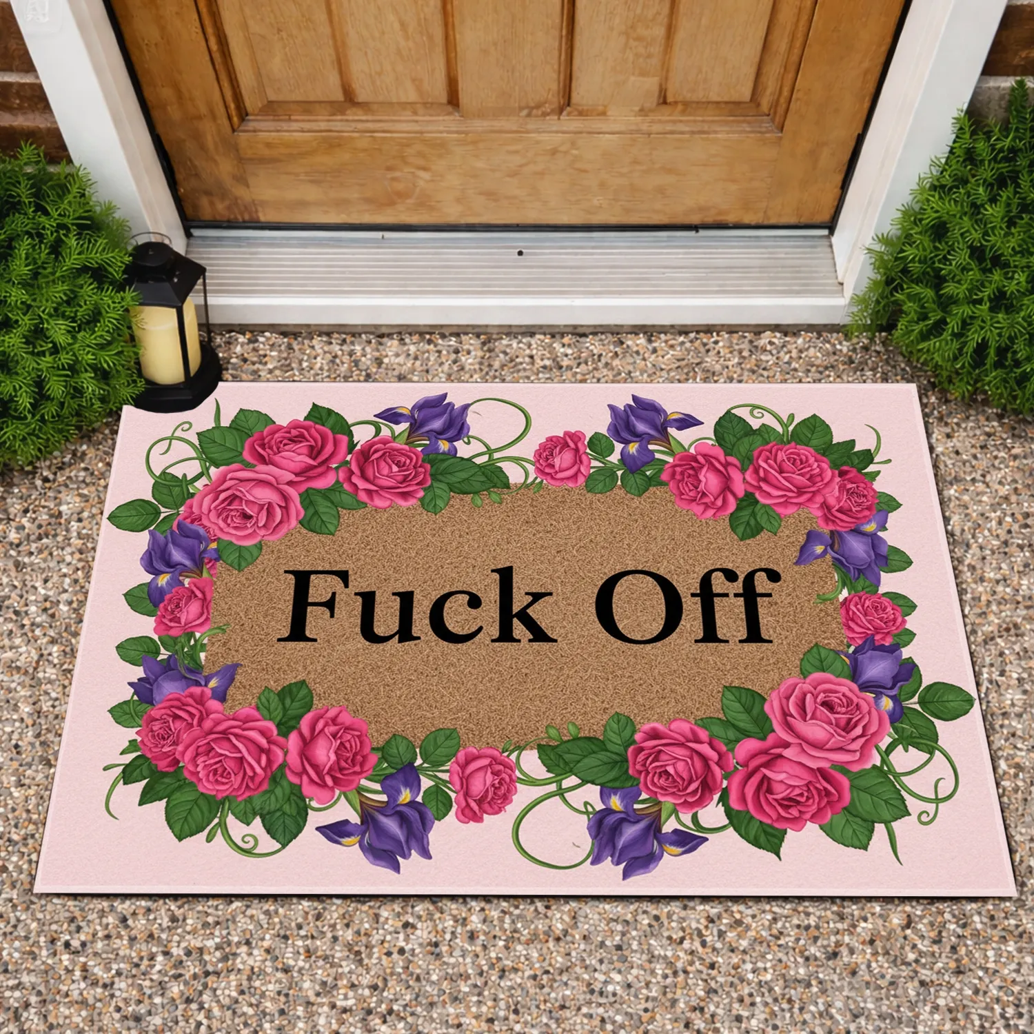 Fuck Off Rectangular Panel Roses Irises Foliage Vines Pink Background Statement Decor Gift Doormat - 1