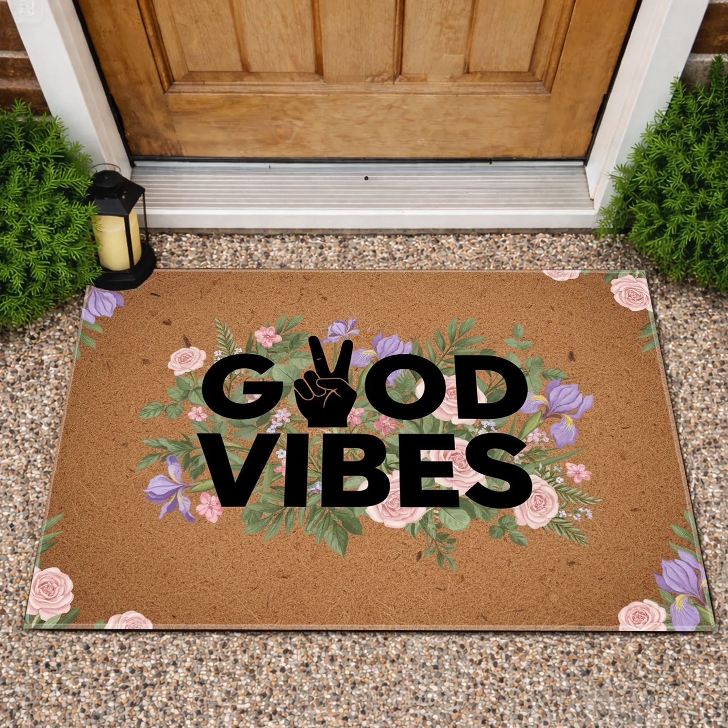 Good Vibes Peace Sign Hand Rose Iris Foliage - Positive Lifestyle Home Decor Doormat - 1