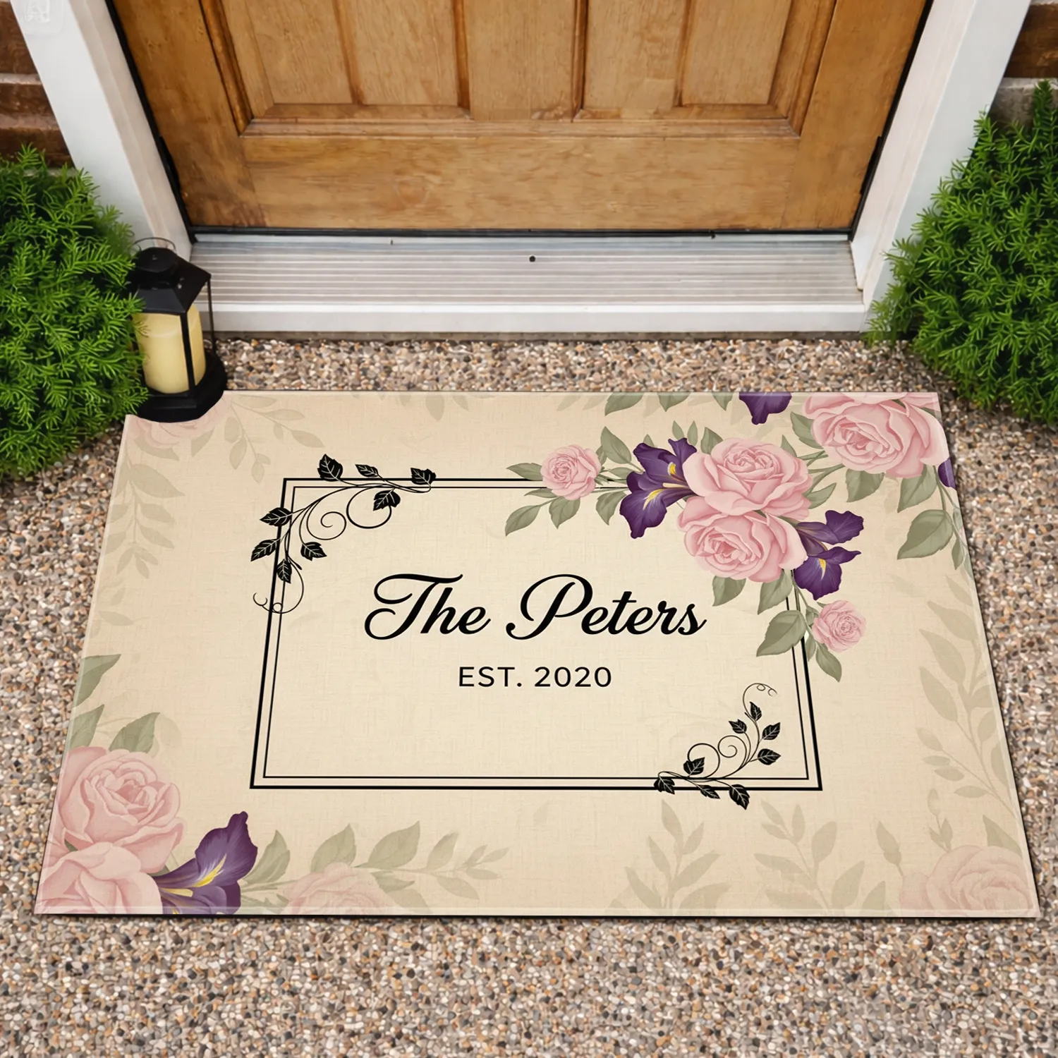 Custom Family Name and Year Rose Iris Floral Vine Home Decor Gift Doormat - 1
