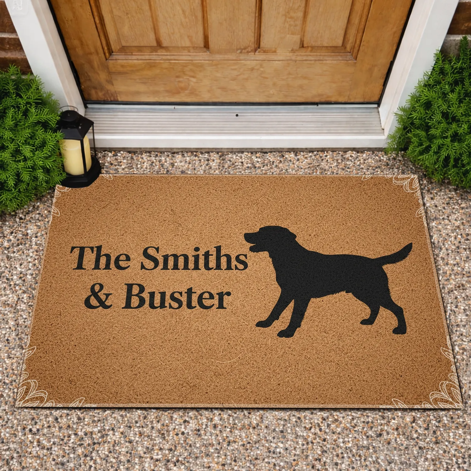 Custom Family Name & Buster Dog Silhouette - Family Home Decor Gift Doormat - 1