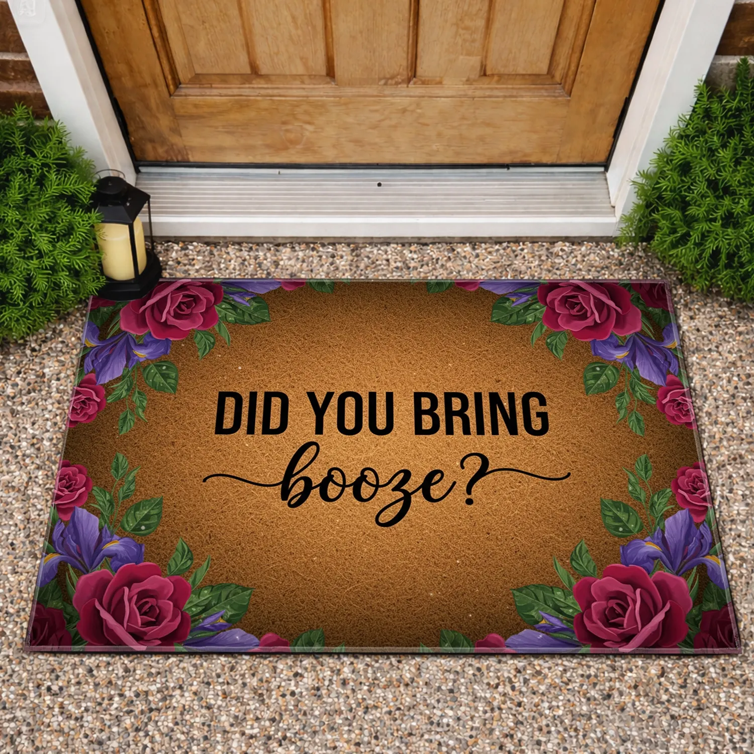 Did You Bring Booze Pink Roses Purple Irises Green Foliage - Social Gathering Host Gift Doormat - 1