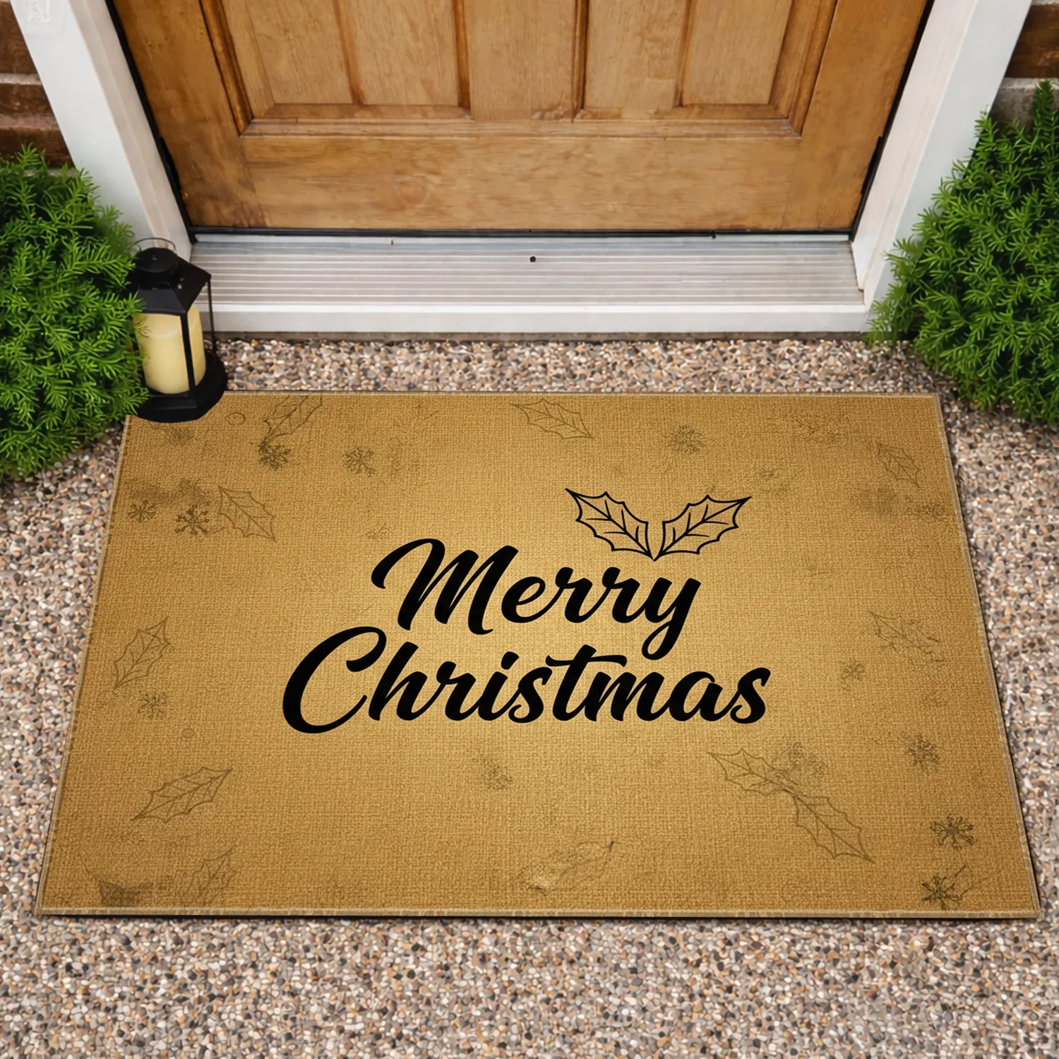 Black Merry Christmas Script Holly Leaves Snowflakes - Christmas Holiday Home Decor Gift Doormat - 1