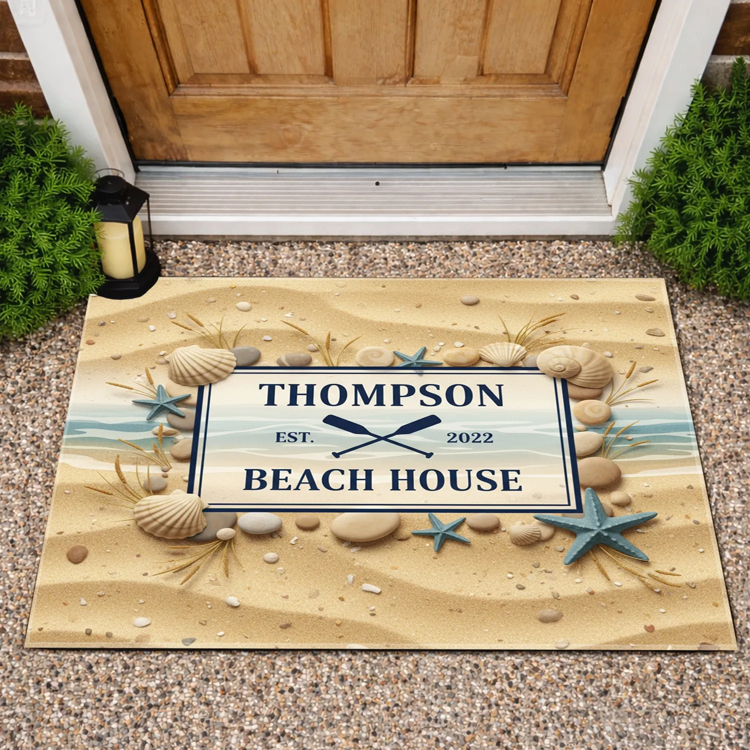 Custom Family Name and Year Beach House Oars Seashells - Coastal Home Decor Gift Doormat - 1
