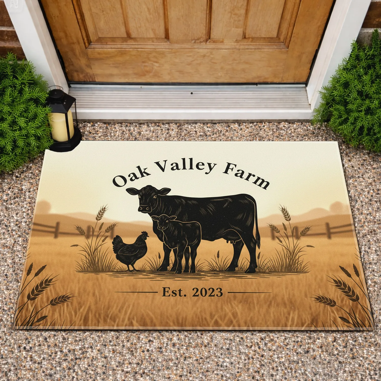 Custom Name and Year Valley Farm Cow Calf Chicken Silhouettes - Farmhouse Home Decor Gift Doormat - 1