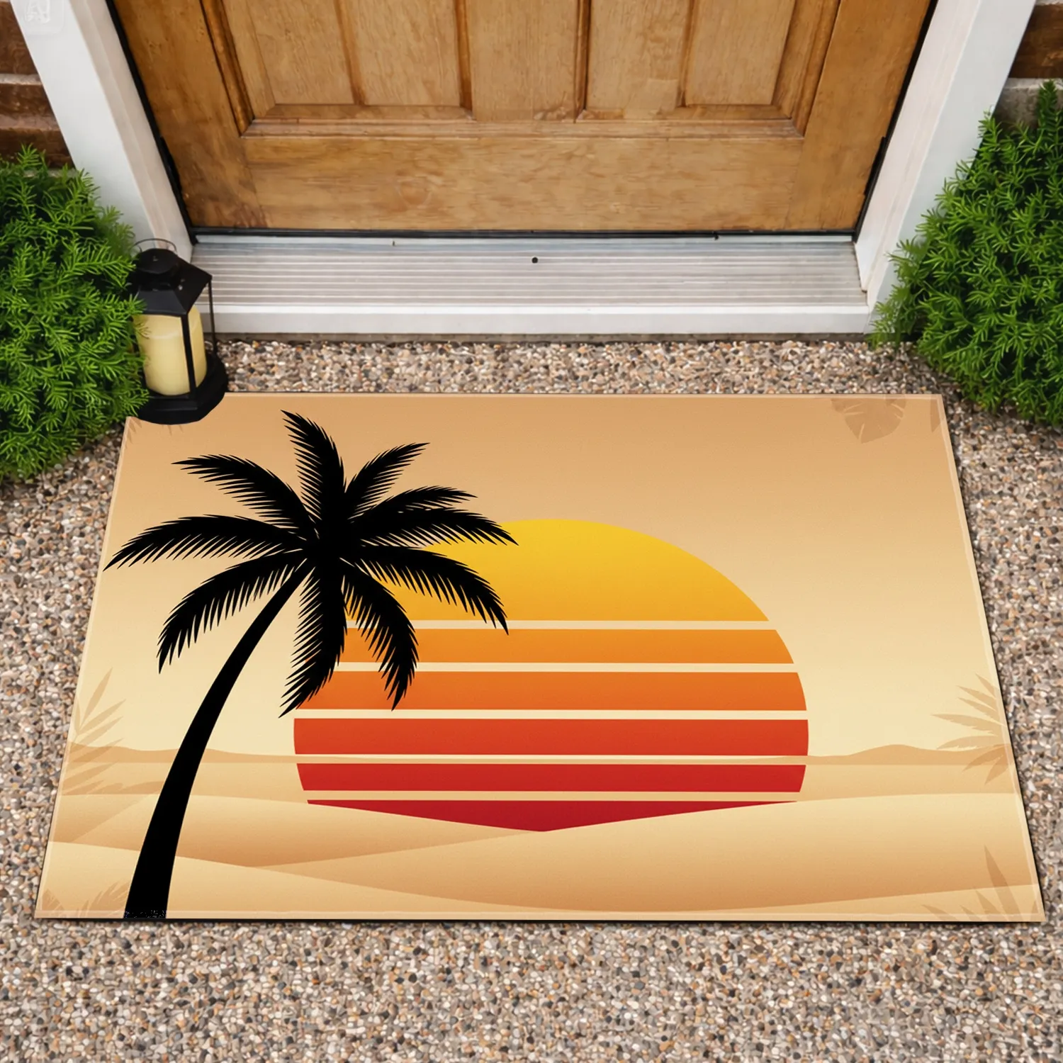 Black Palm Tree Retro Sunset Beach Sandy Dunes Tropical Dusk - Outdoor Home Decor Gift Doormat - 1