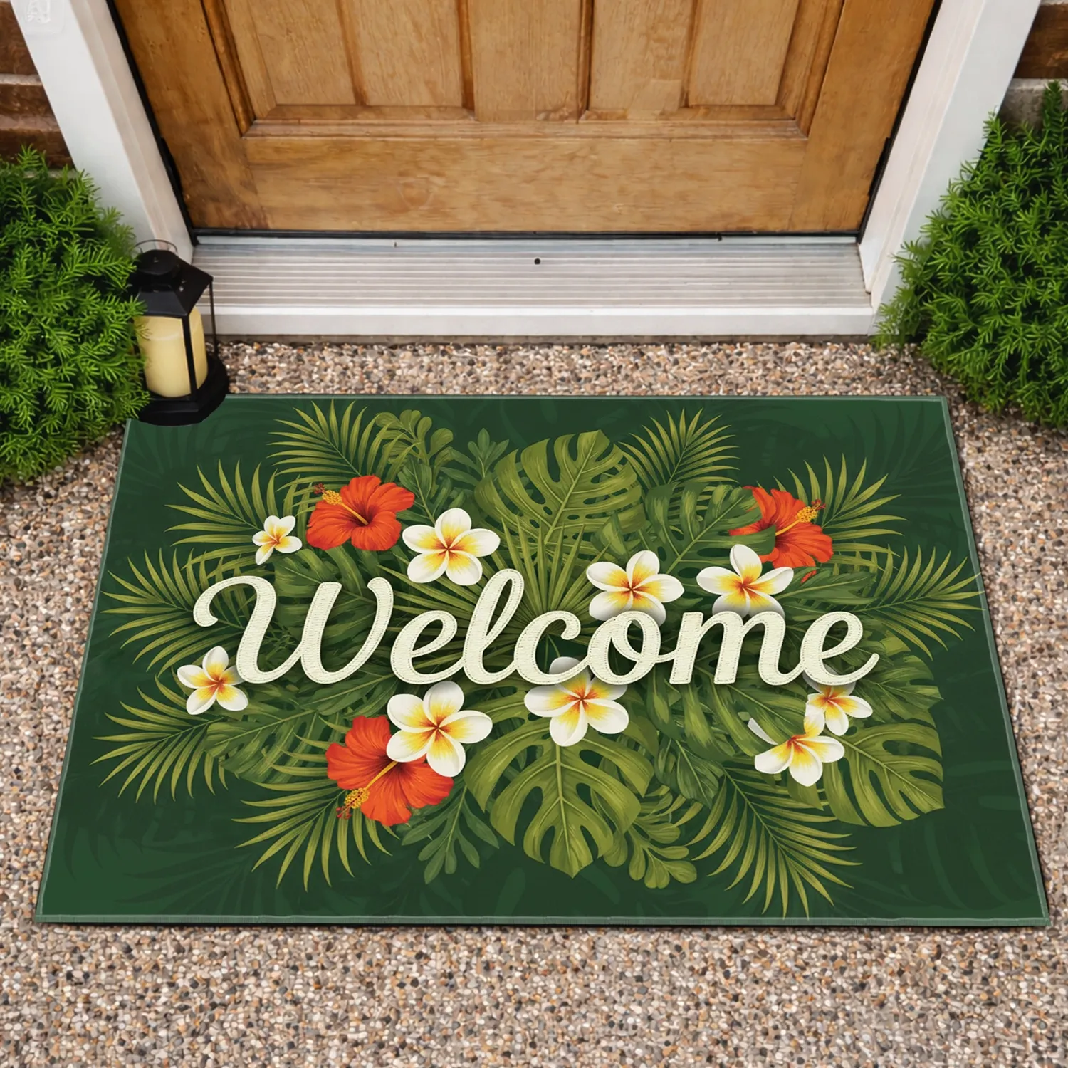 Welcome Monstera Palm Hibiscus Flowers - Garden Entryway Decor Doormat - 1