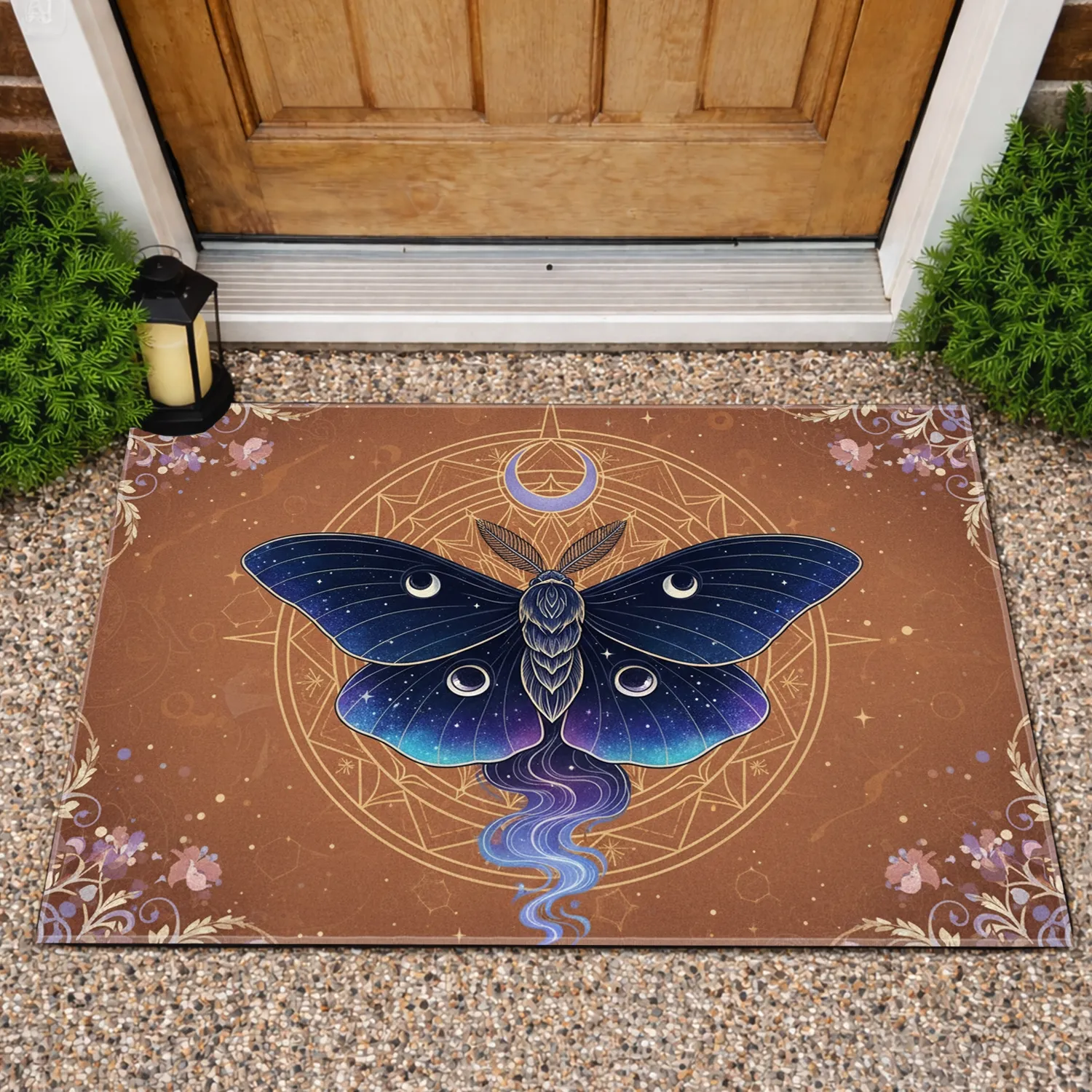 Mystical Moth Moon Cosmic Mandala Floral Vines - Rustic Celestial Home Decor Gift Doormat - 1