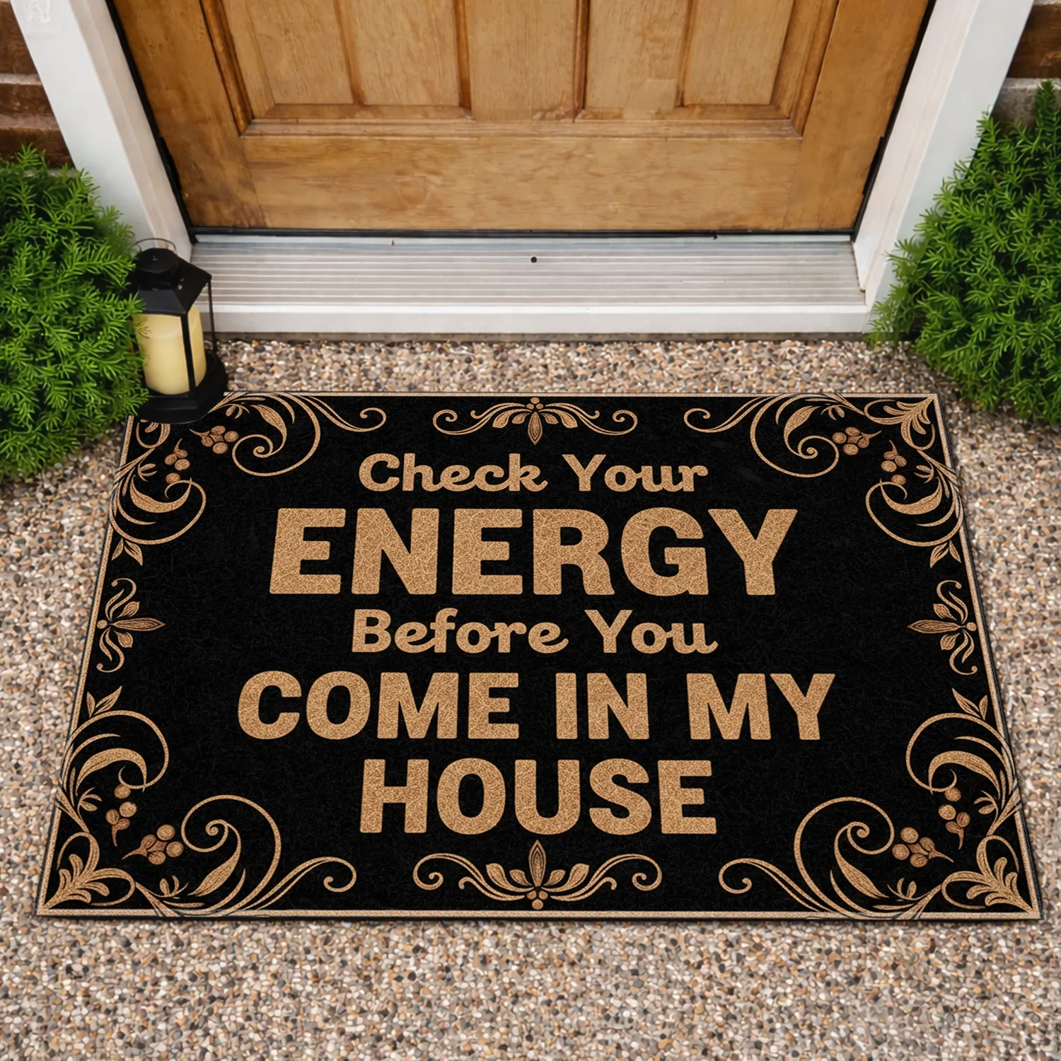Check Your Energy Message Rustic Scrollwork Leaf - Lifestyle Home Decor Doormat - 1